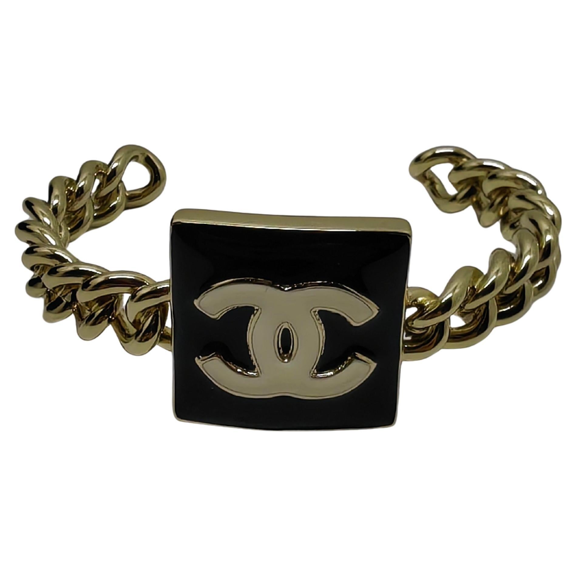 Chanel B22 Large Square Black Enamel Chain Bangle Cuff For Sale