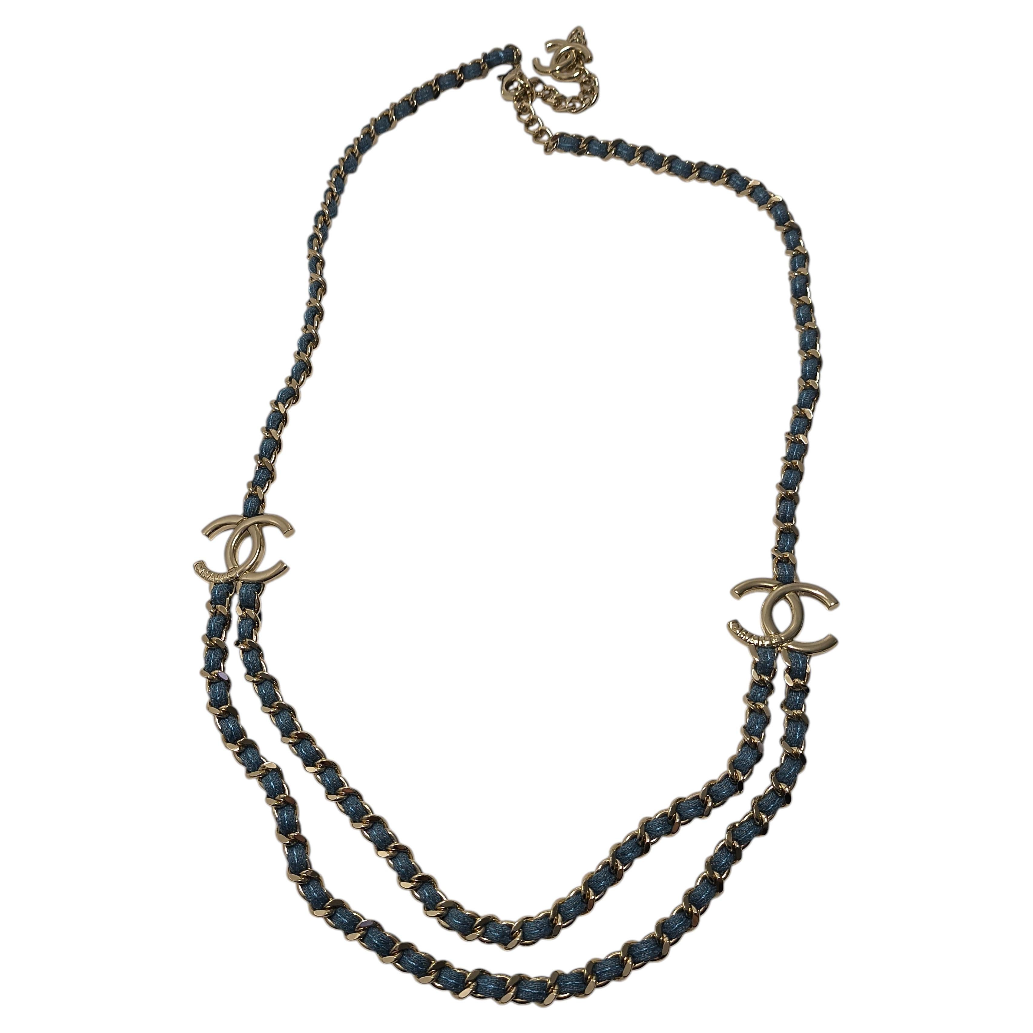 Pre-owned Chanel B25 Denim & Chain Double Layer Belt In Black