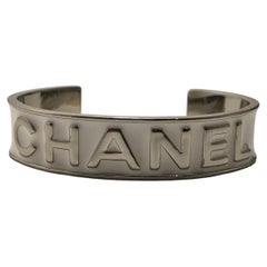 Chanel B25 Logo Alphabet Enamel White Silver Bangle Bracelet
