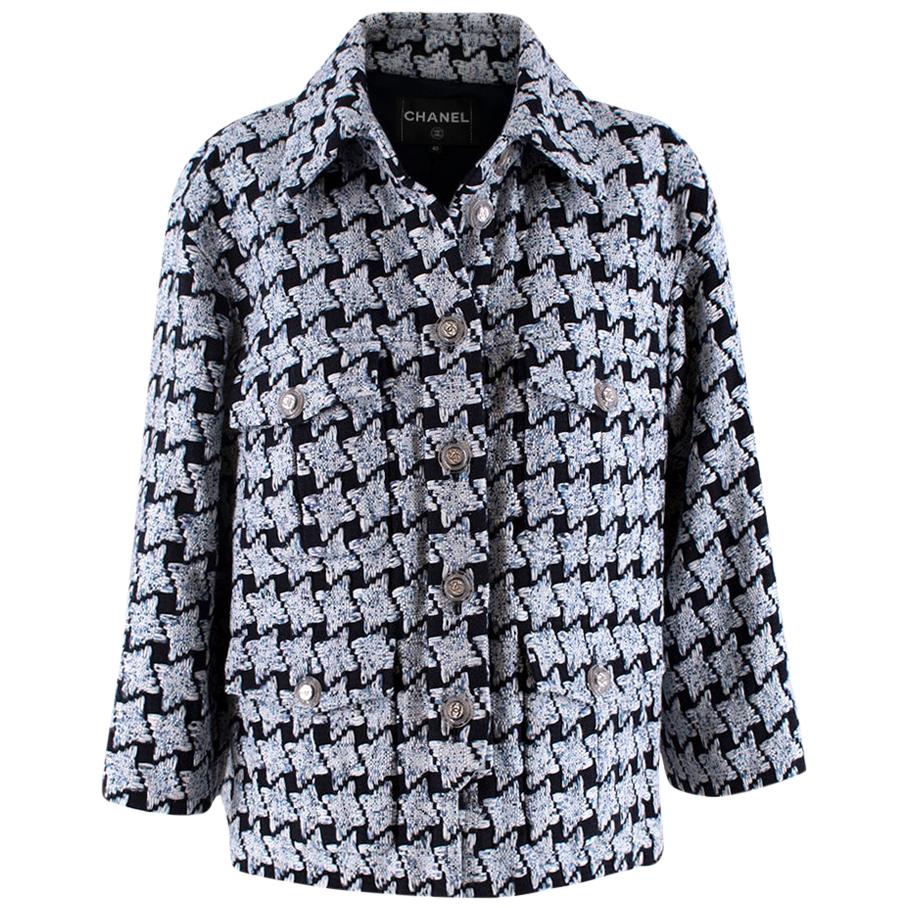 Chanel Baby Blue & Black Oversize-Houndstooth Tweed Jacket - Size US 8