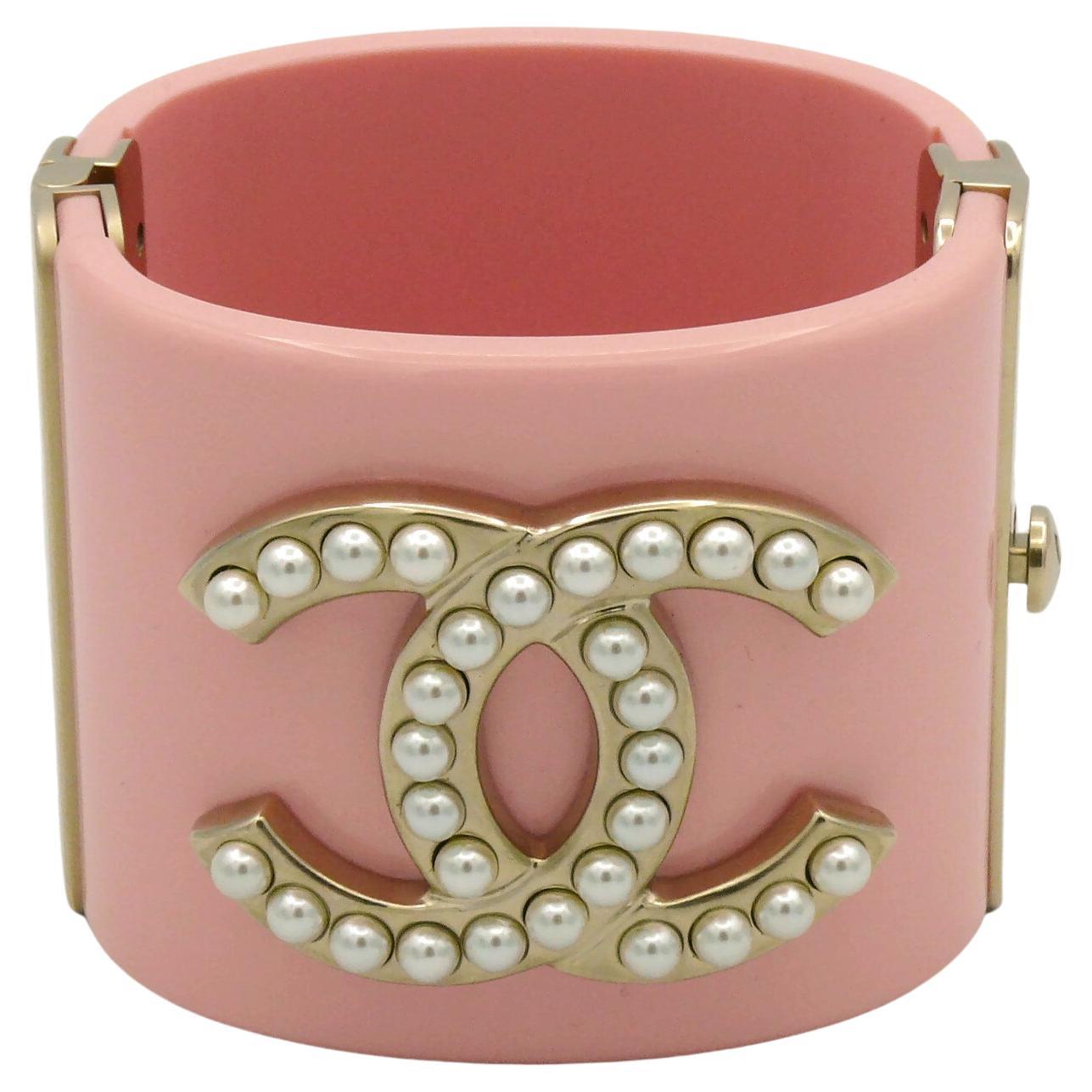 CHANEL Baby Pink Resin CC Pearl Logo Cuff Bracelet, S/S 2018 Pre