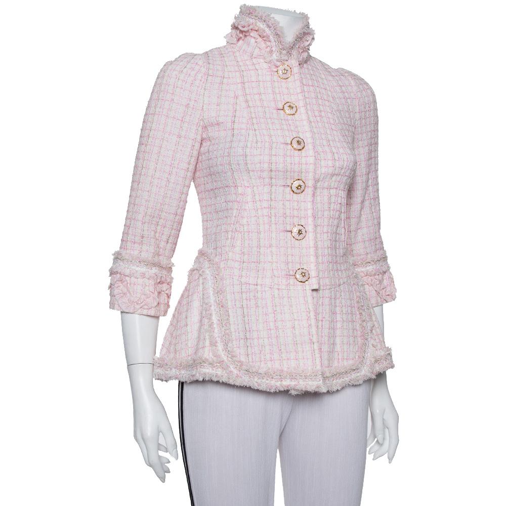 Gray Chanel Baby Pink Tweed Stand Collar Fringed Jacket S