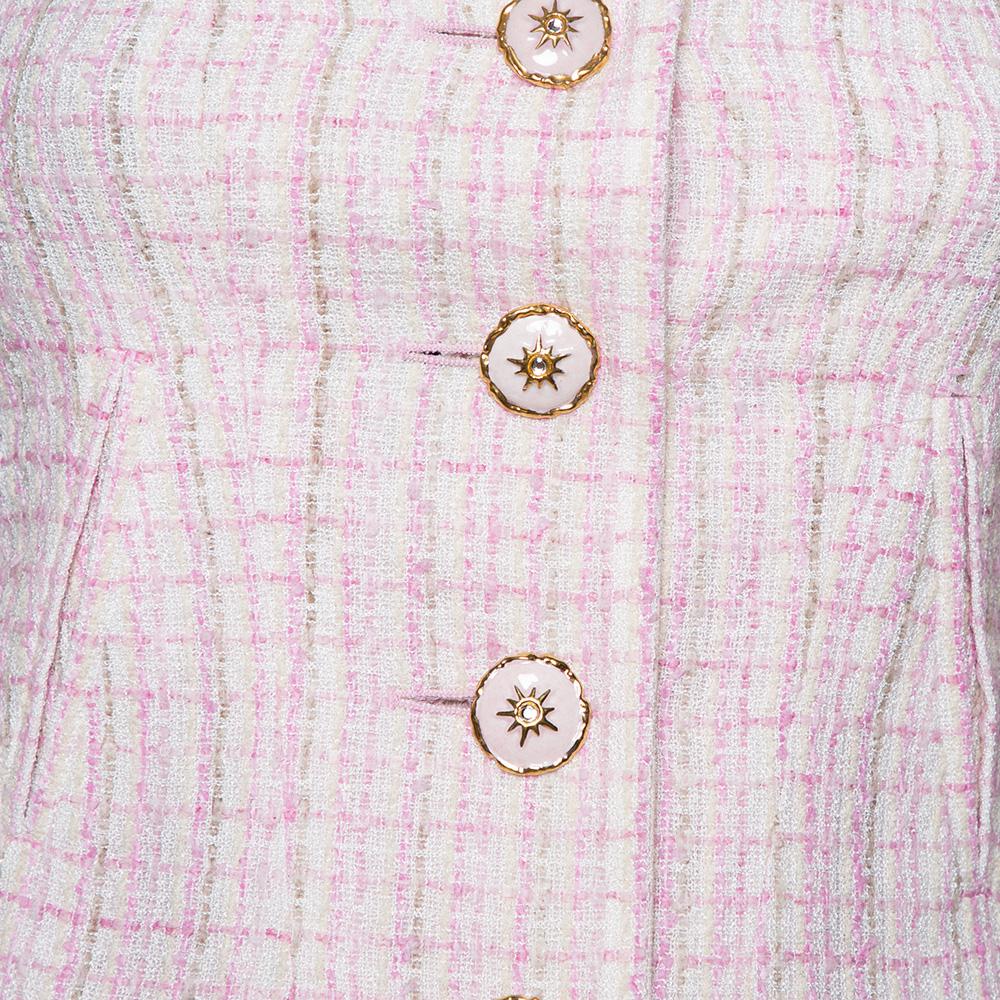 Chanel Baby Pink Tweed Stand Collar Fringed Jacket S In Excellent Condition In Dubai, Al Qouz 2