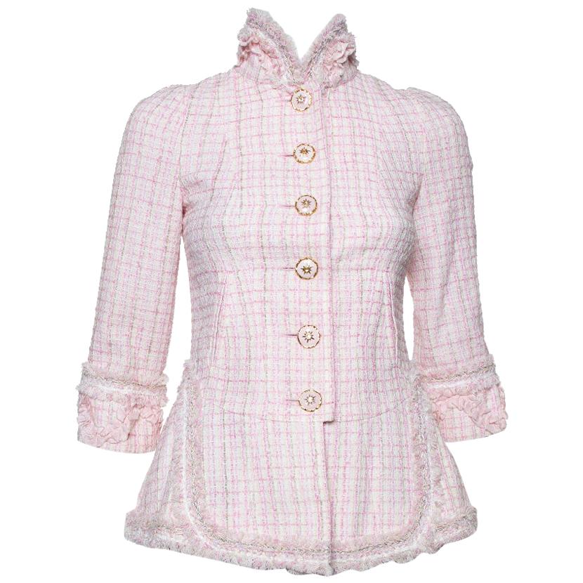 Chanel Baby Pink Tweed Stand Collar Fringed Jacket S