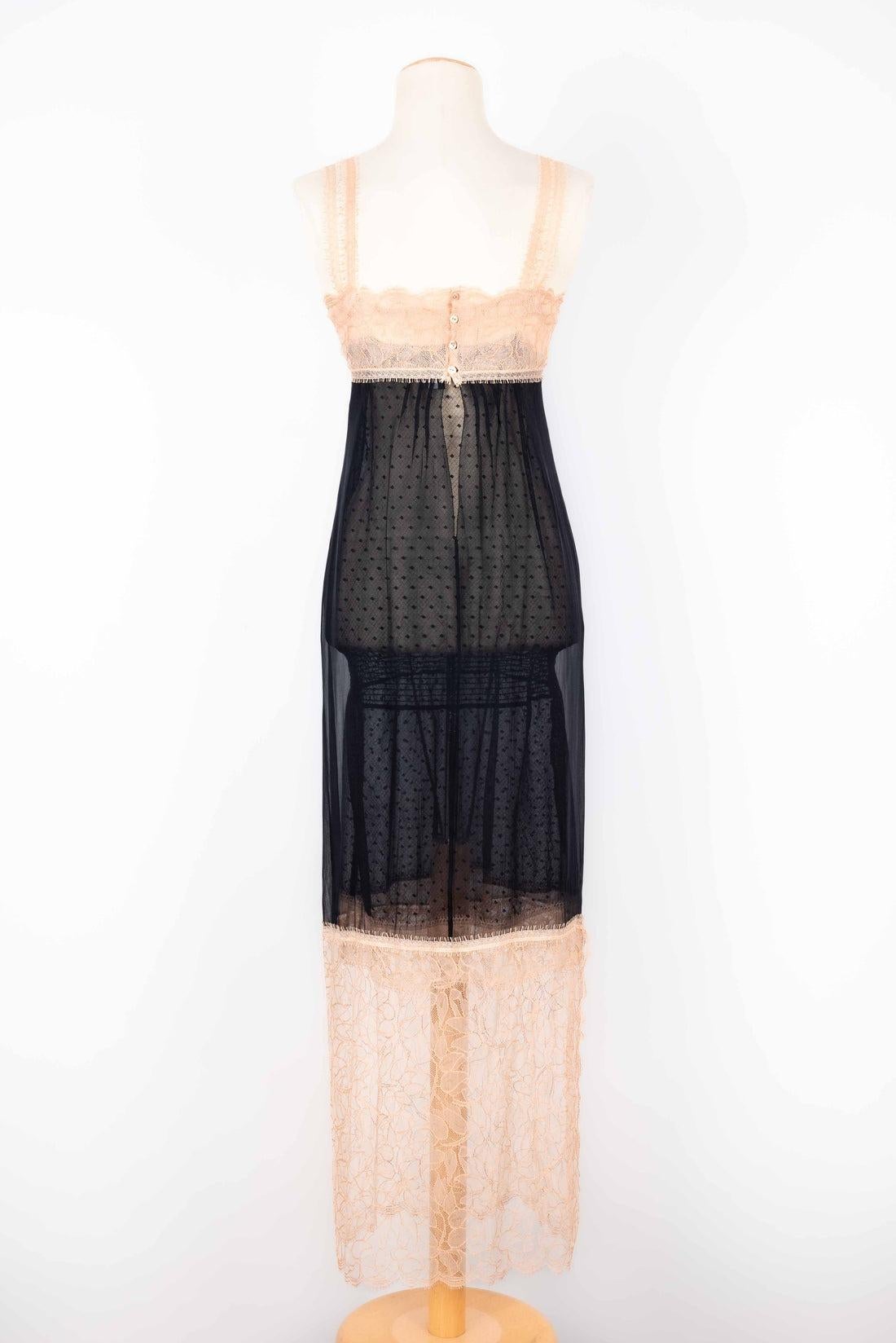 Chanel Babydoll-Style Dress in Black Silk Muslin and Beige Lace, 1990s For Sale 1