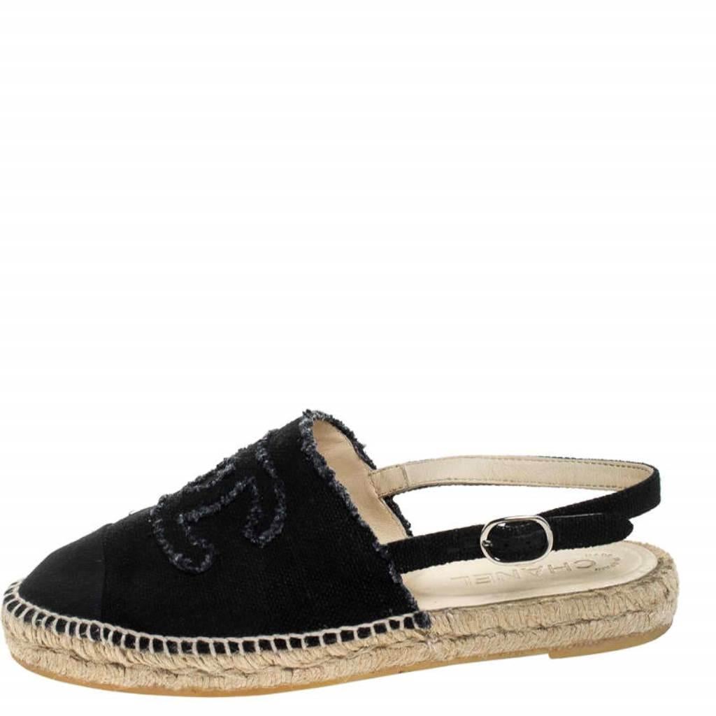 Black Chanel Back Canvas CC Espadrille Slingback Flat Sandals Size 39