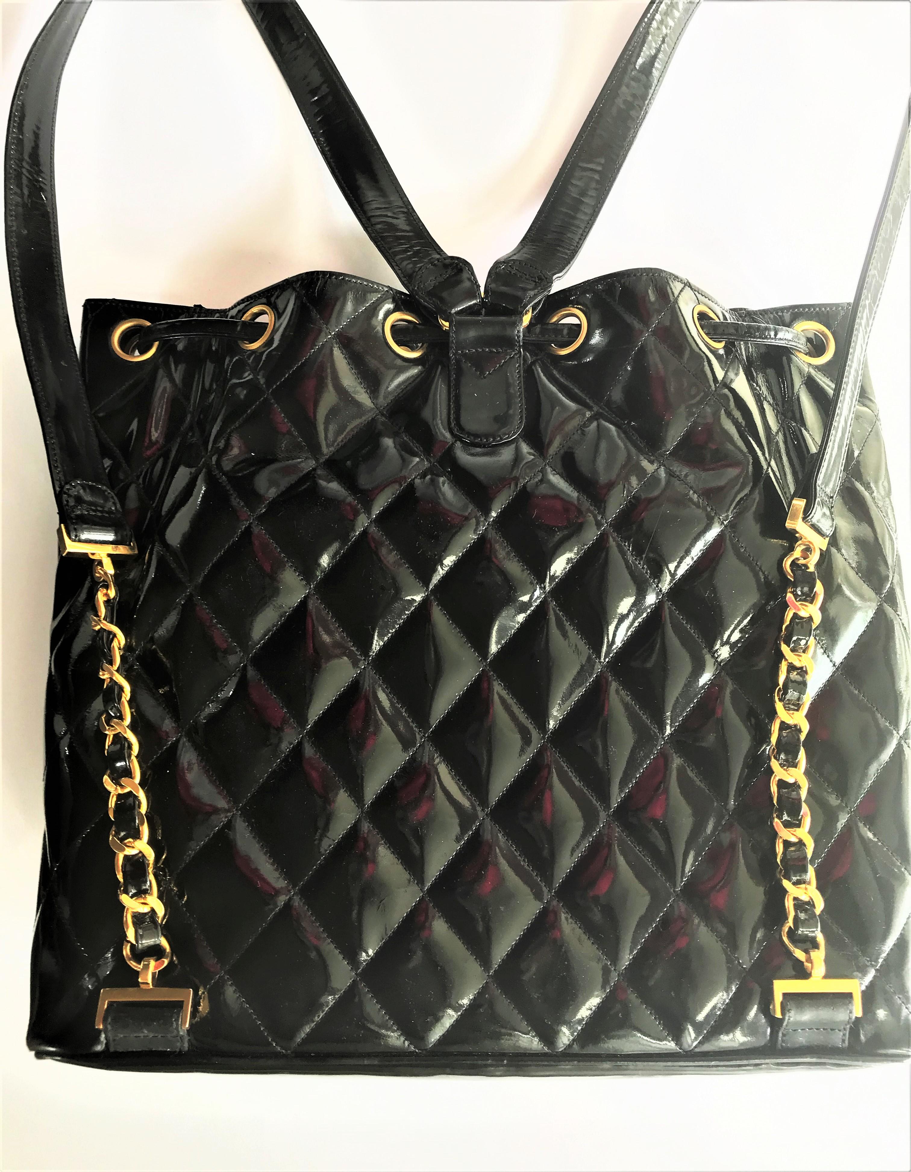 Vintage Chanel backpack black quiltet patent leather, 1990, France 3