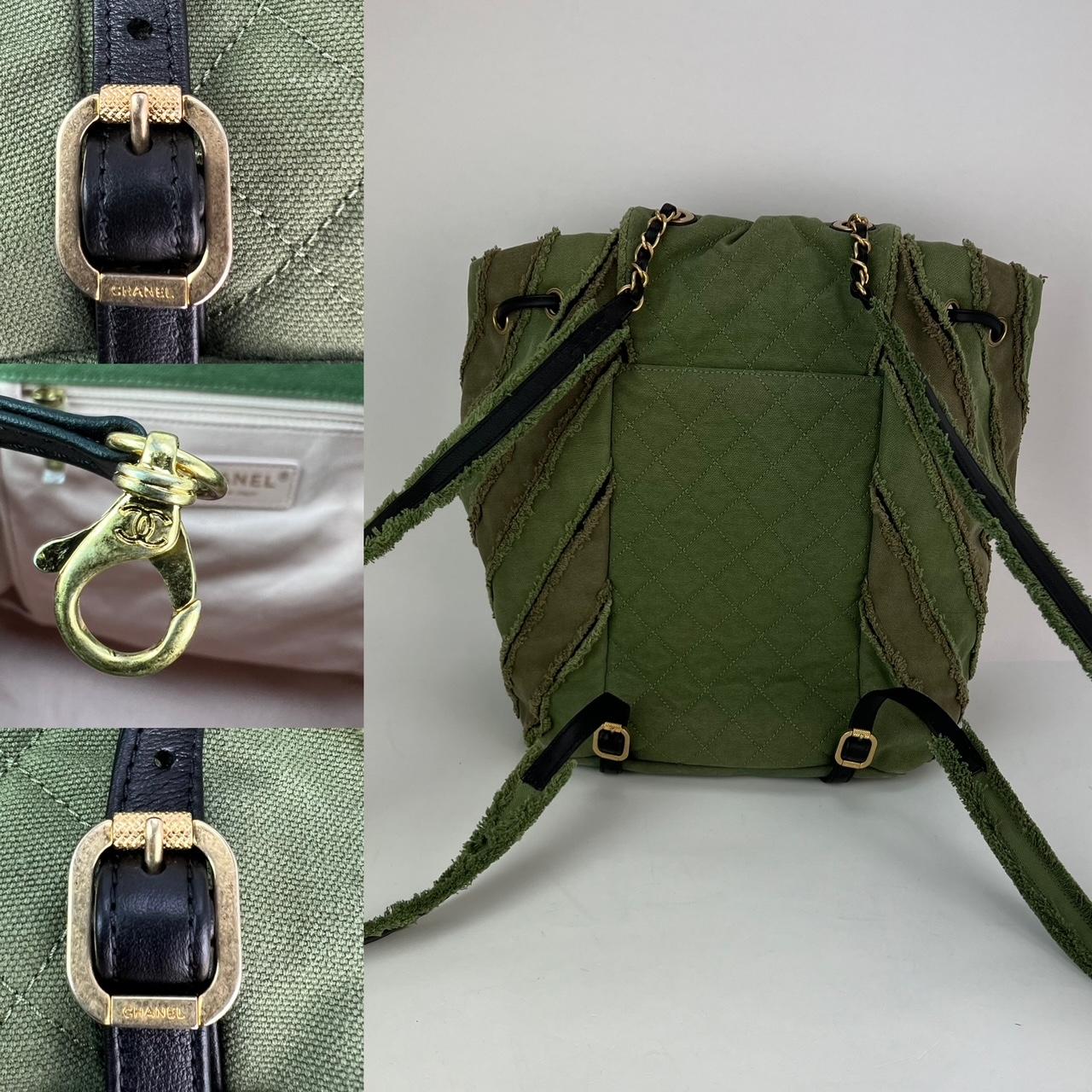 Pre-Owned  100% Authentic
CHANEL Cruise Coco Cuba Collection Chevron Patchwork Khaki Green Backpack
RATING: A/B...Very Good, well maintained, 
shows minor signs of wear
MATERIAL: canvas, leather
STRAPS: adjustable canvas and leather
adjustable up to