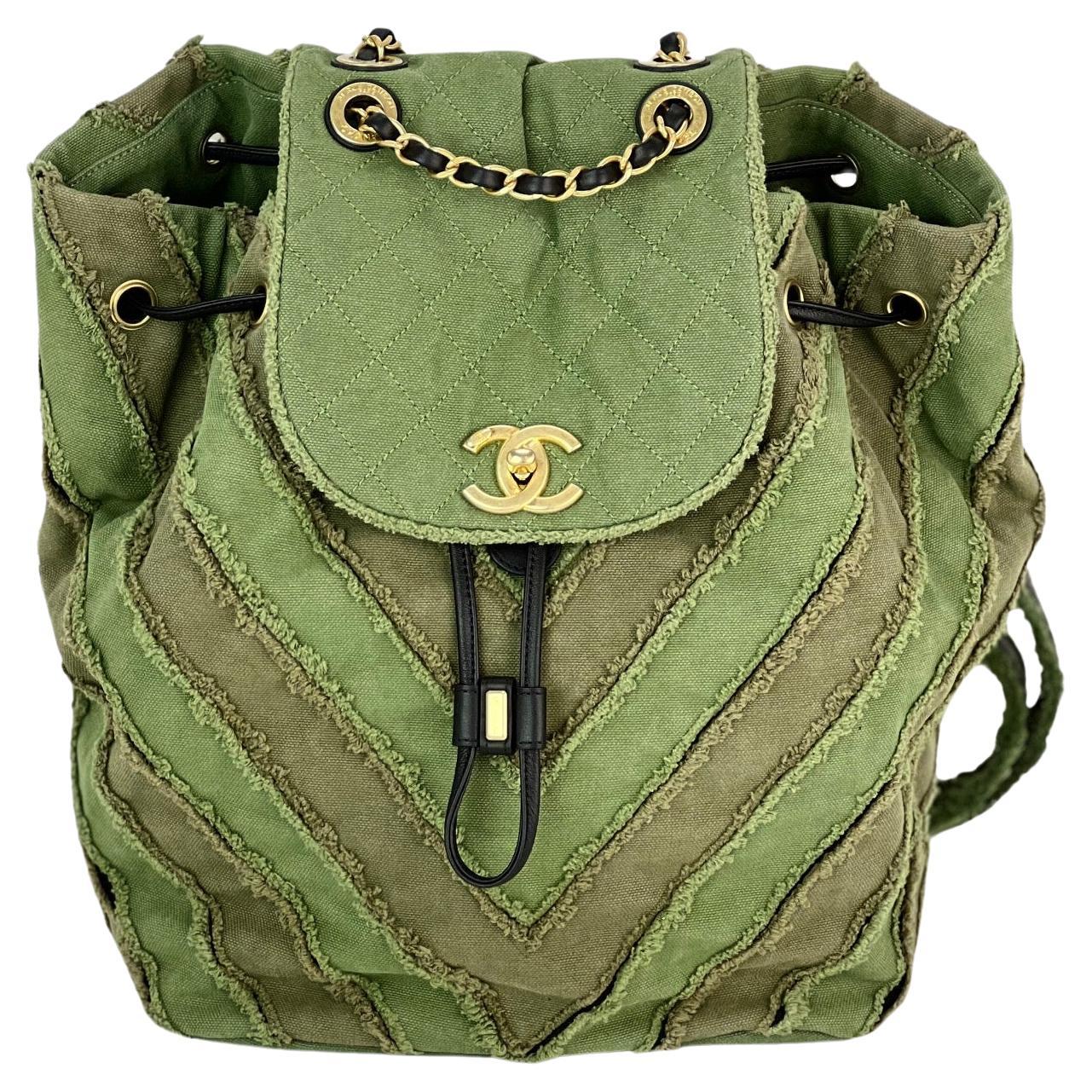 CHANEL Backpack Canvas Chevron Cuba Patchwork Khaki Green Backpack For Sale