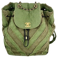 Used CHANEL Backpack Canvas Chevron Cuba Patchwork Khaki Green Backpack