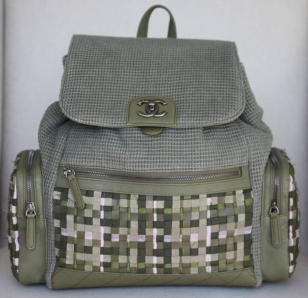 Chanel 2017 Cruise Collection Limited Edition Runway Coco Cuba woven canvas and tweed backpack. Green and pink woven patchwork detail. Chanel Canvas Twist backpack with antiqued silver-tone hardware, green lambskin leather trim, leather top handle