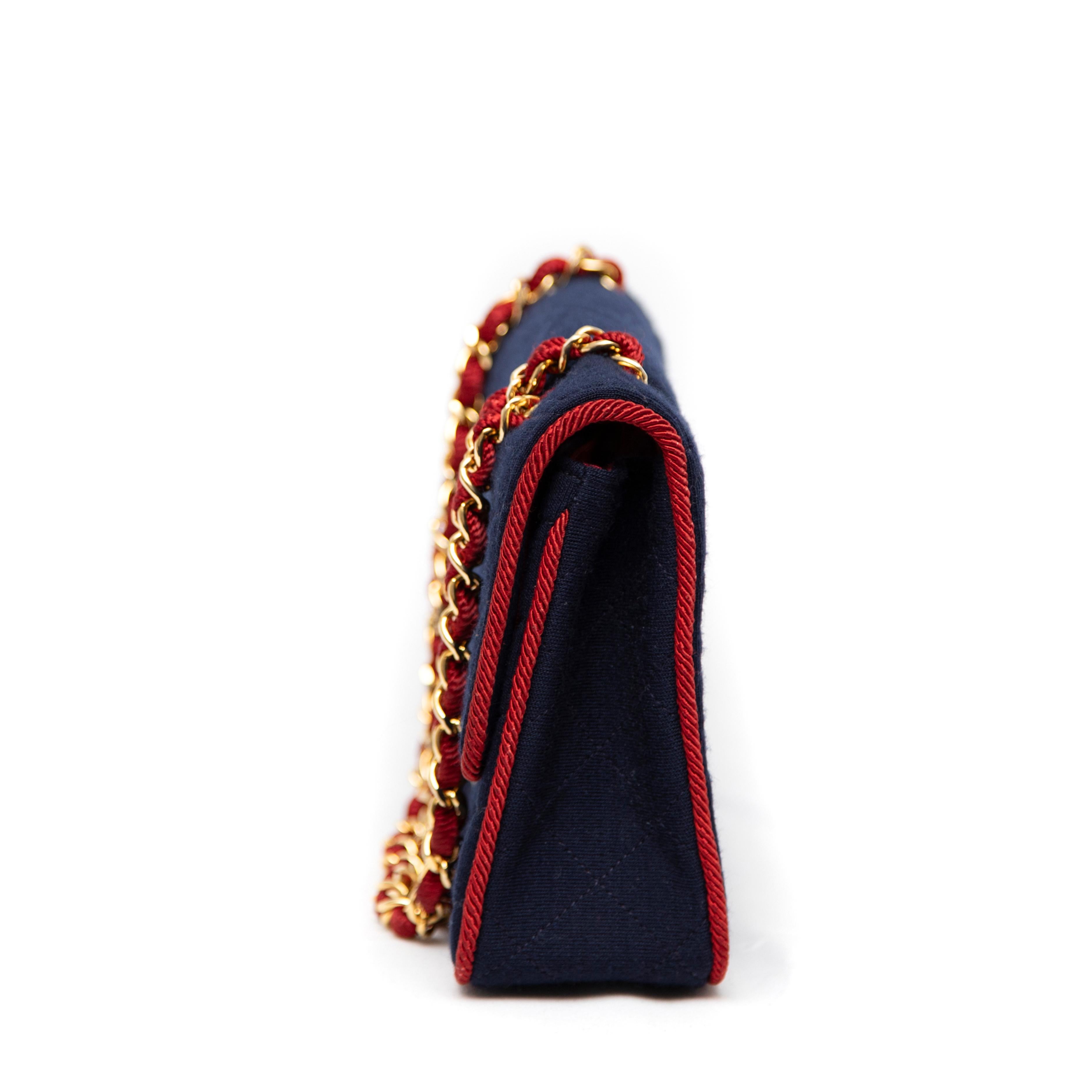 Black Chanel Bag, 225, Navy Jersey with Red Rope Piping, Gold Hardware For Sale