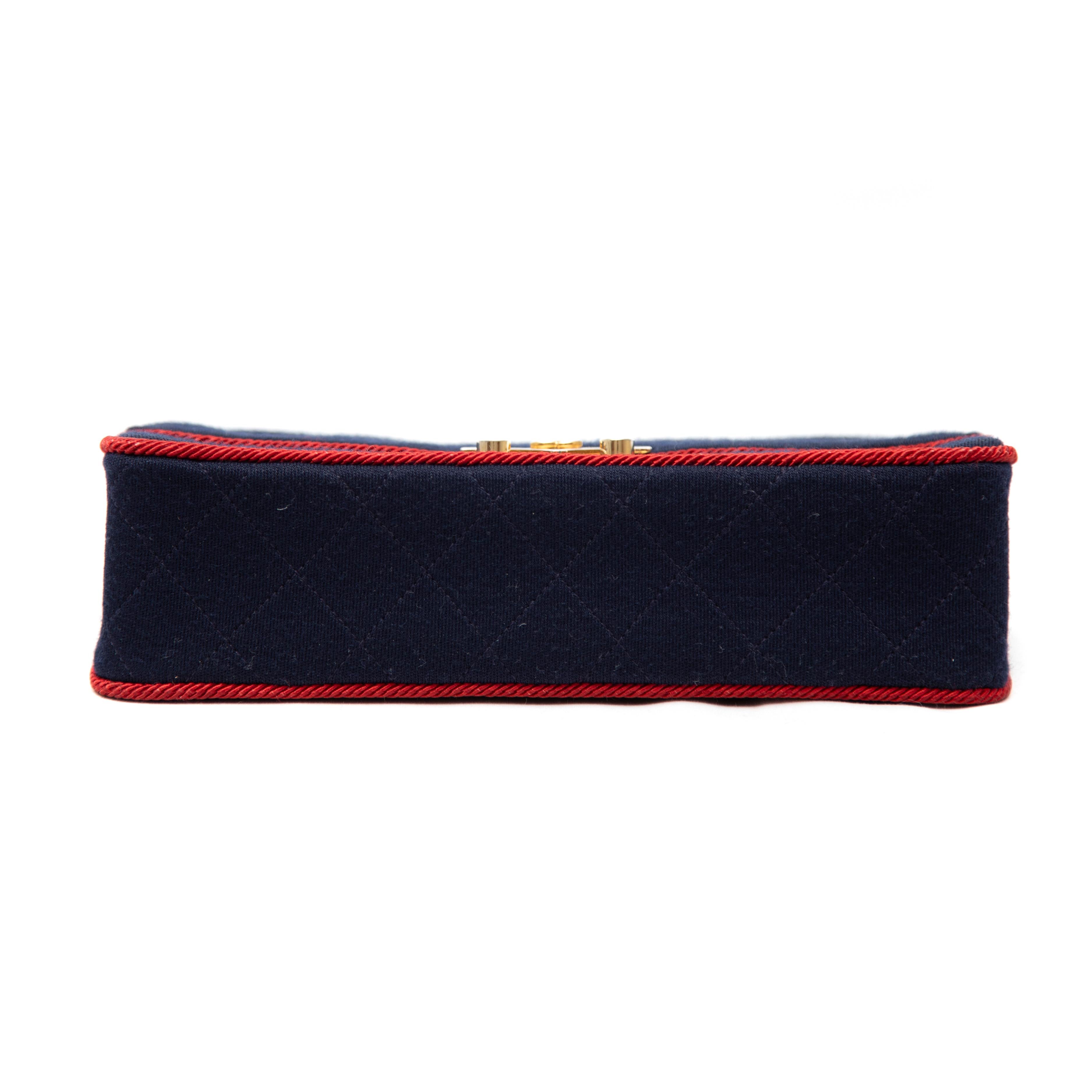 Women's or Men's Chanel Bag, 225, Navy Jersey with Red Rope Piping, Gold Hardware For Sale