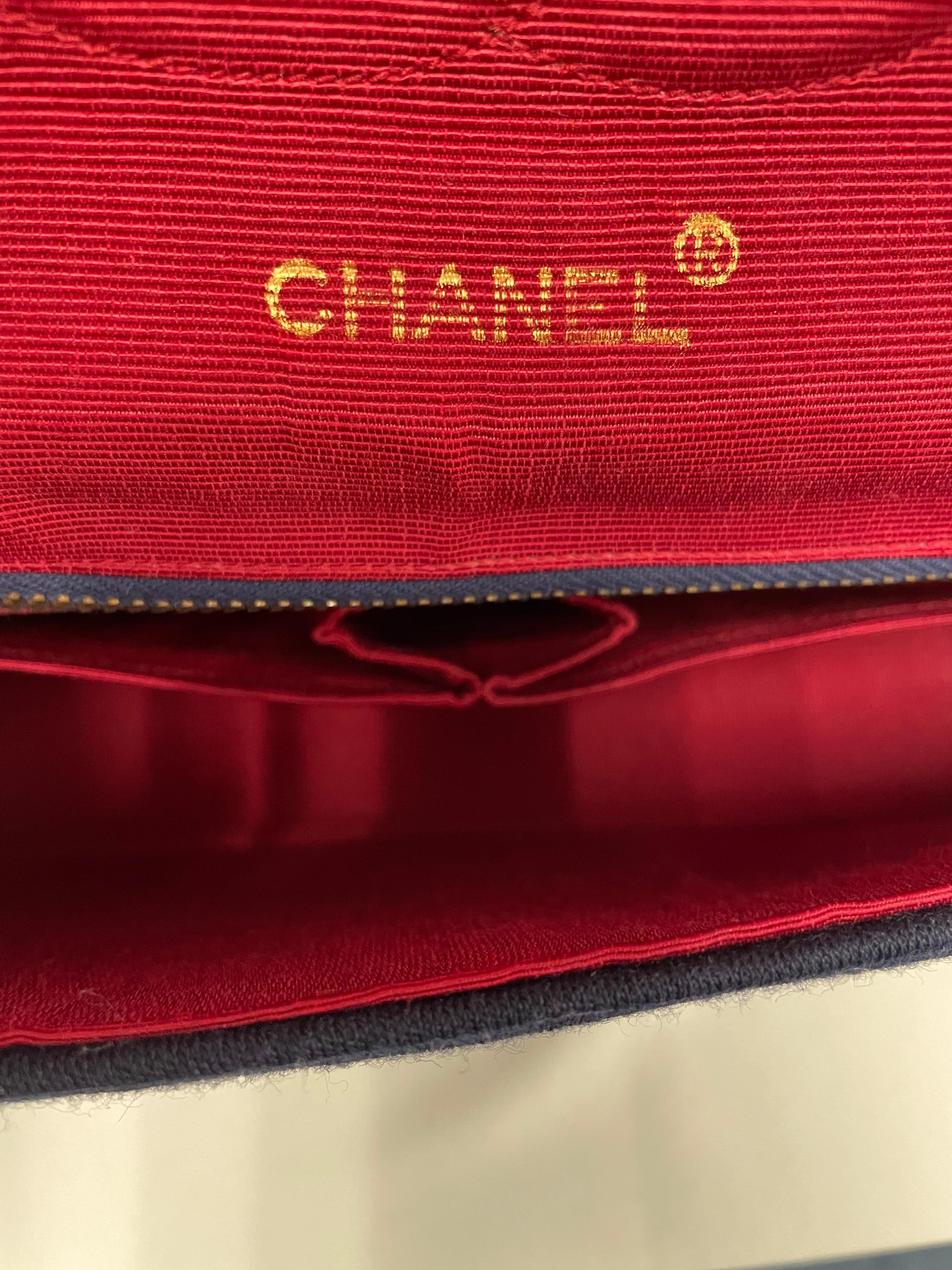 Chanel Bag, 225, Navy Jersey with Red Rope Piping, Gold Hardware For Sale 1