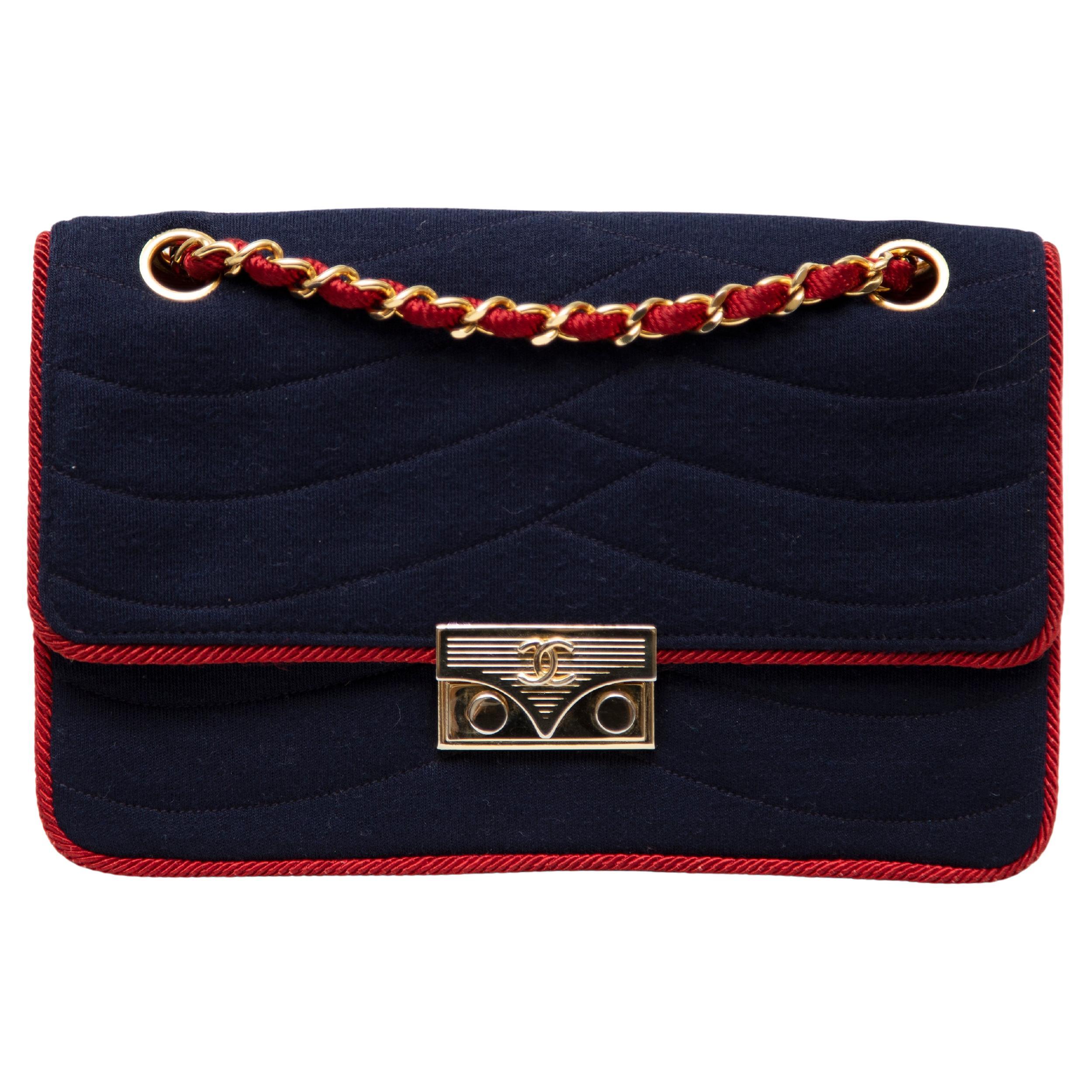 Chanel Bag, 225, Navy Jersey with Red Rope Piping, Gold Hardware For Sale