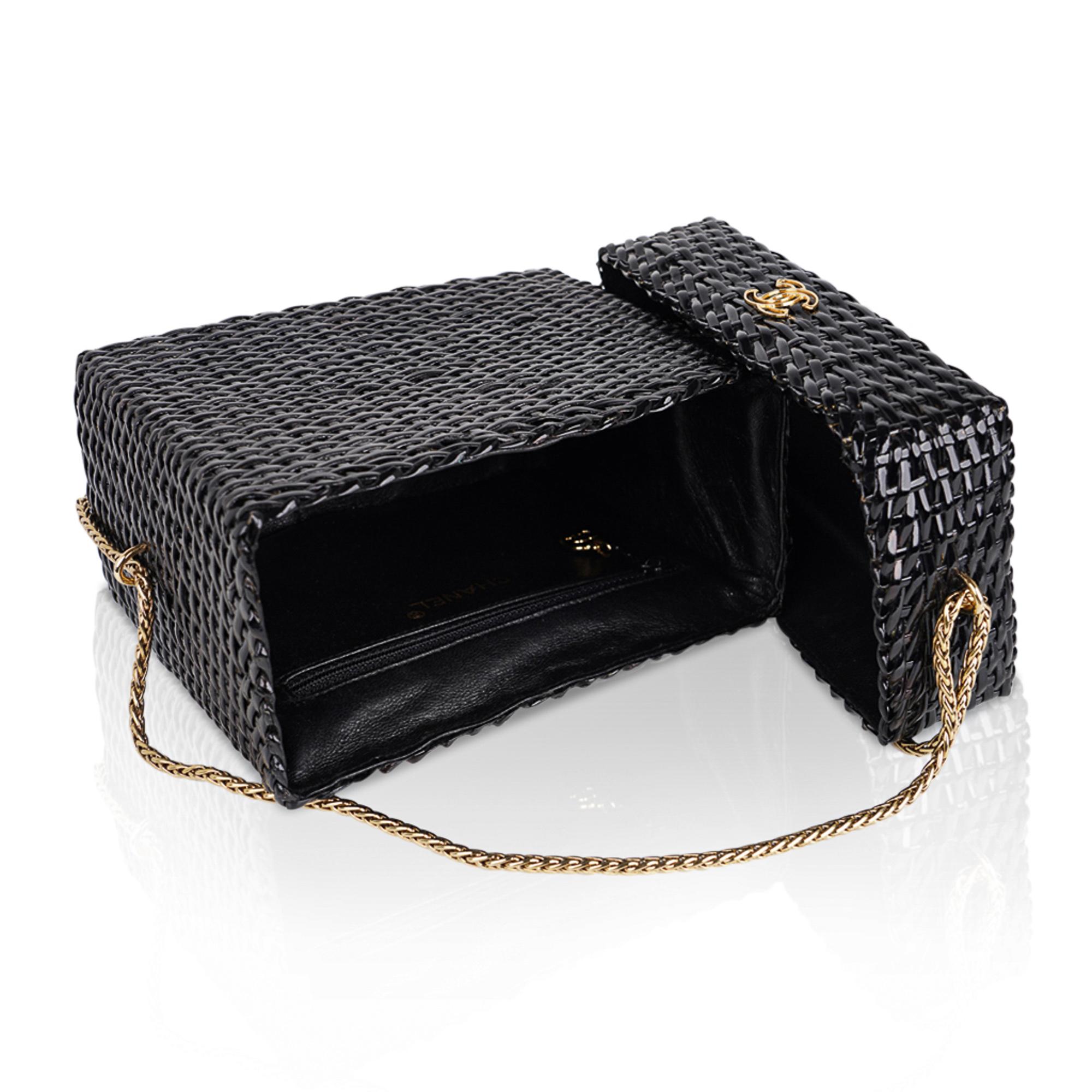 Chanel Bag Black Vintage Wicker Picnic Lunch Basket Gold Chain Strap 8