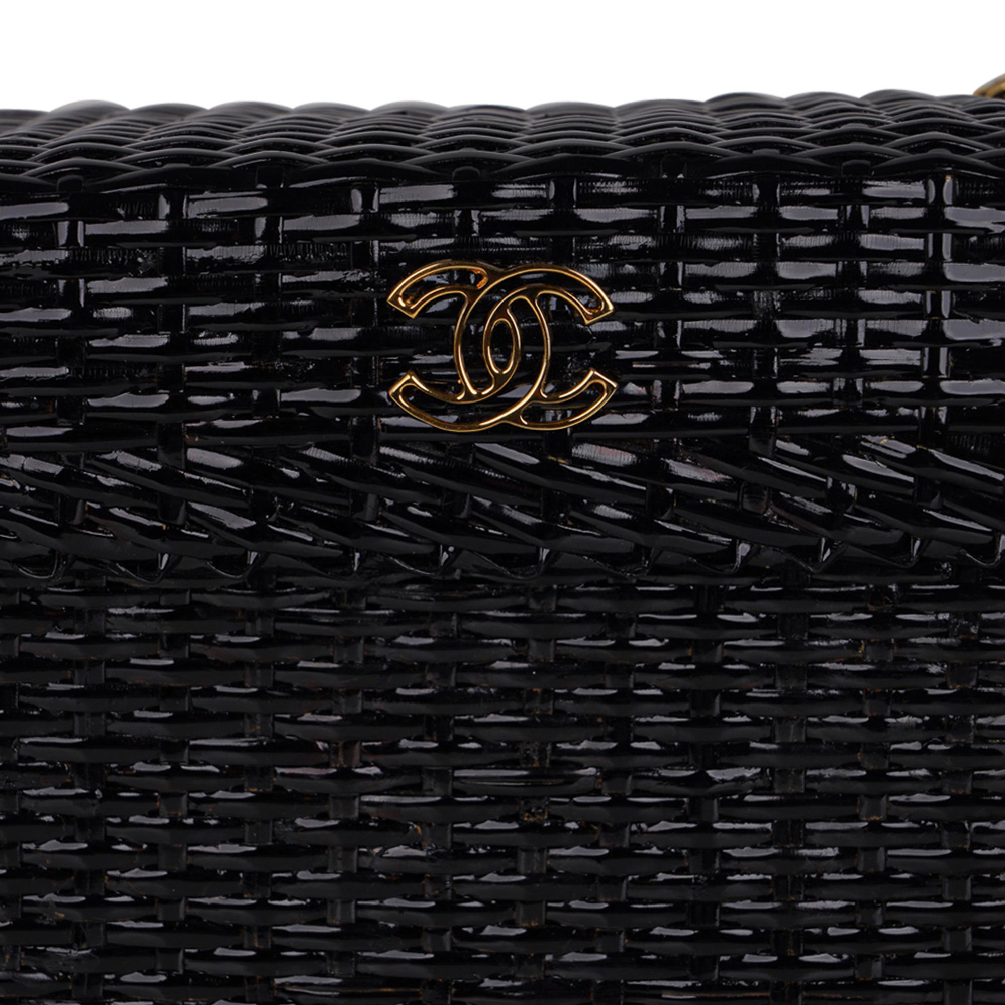 CHANEL Bag Black Vintage Wicker Picnic Lunch Basket Gold Chain Strap