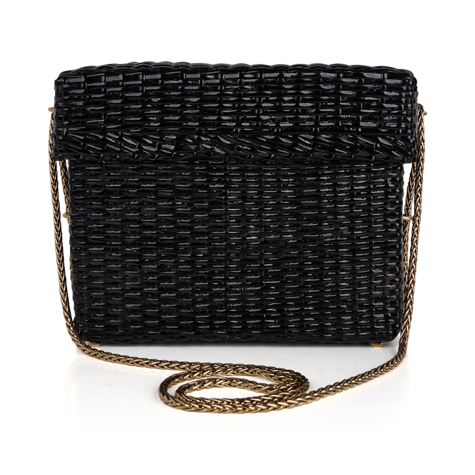Women's Chanel Bag Black Vintage Wicker Picnic Lunch Basket Gold Chain Strap