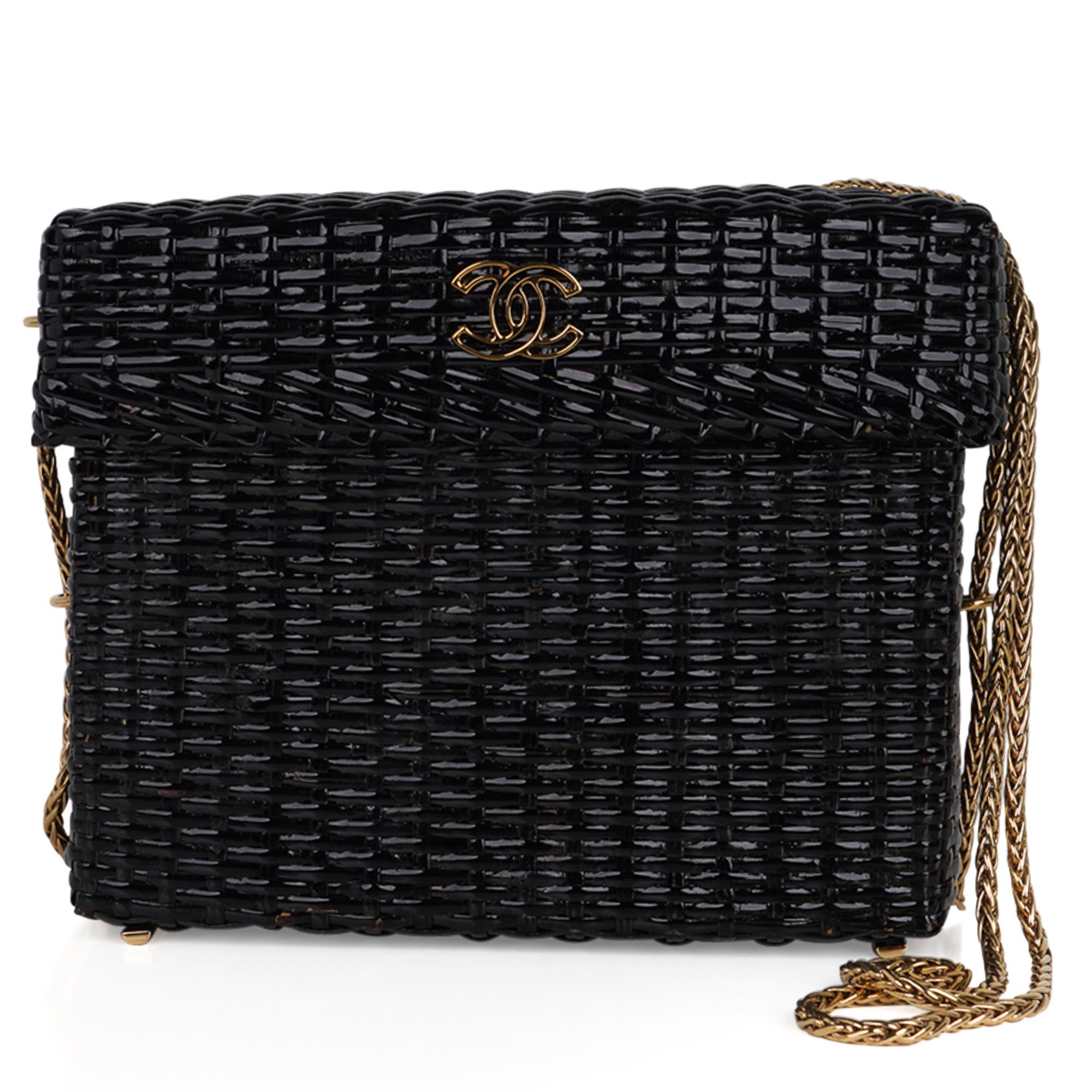 Chanel Bag Black Vintage Wicker Picnic Lunch Basket Gold Chain Strap 1