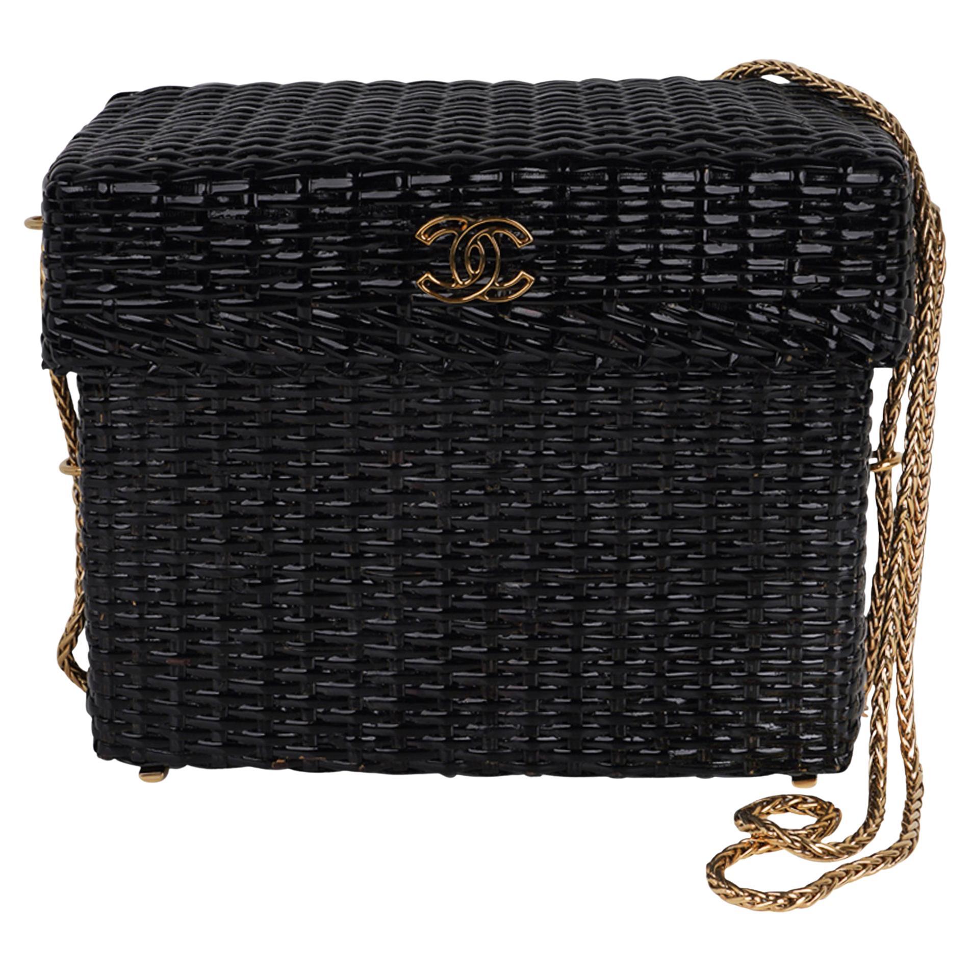 Chanel Bag Black Vintage Wicker Picnic Lunch Basket Gold Chain Strap