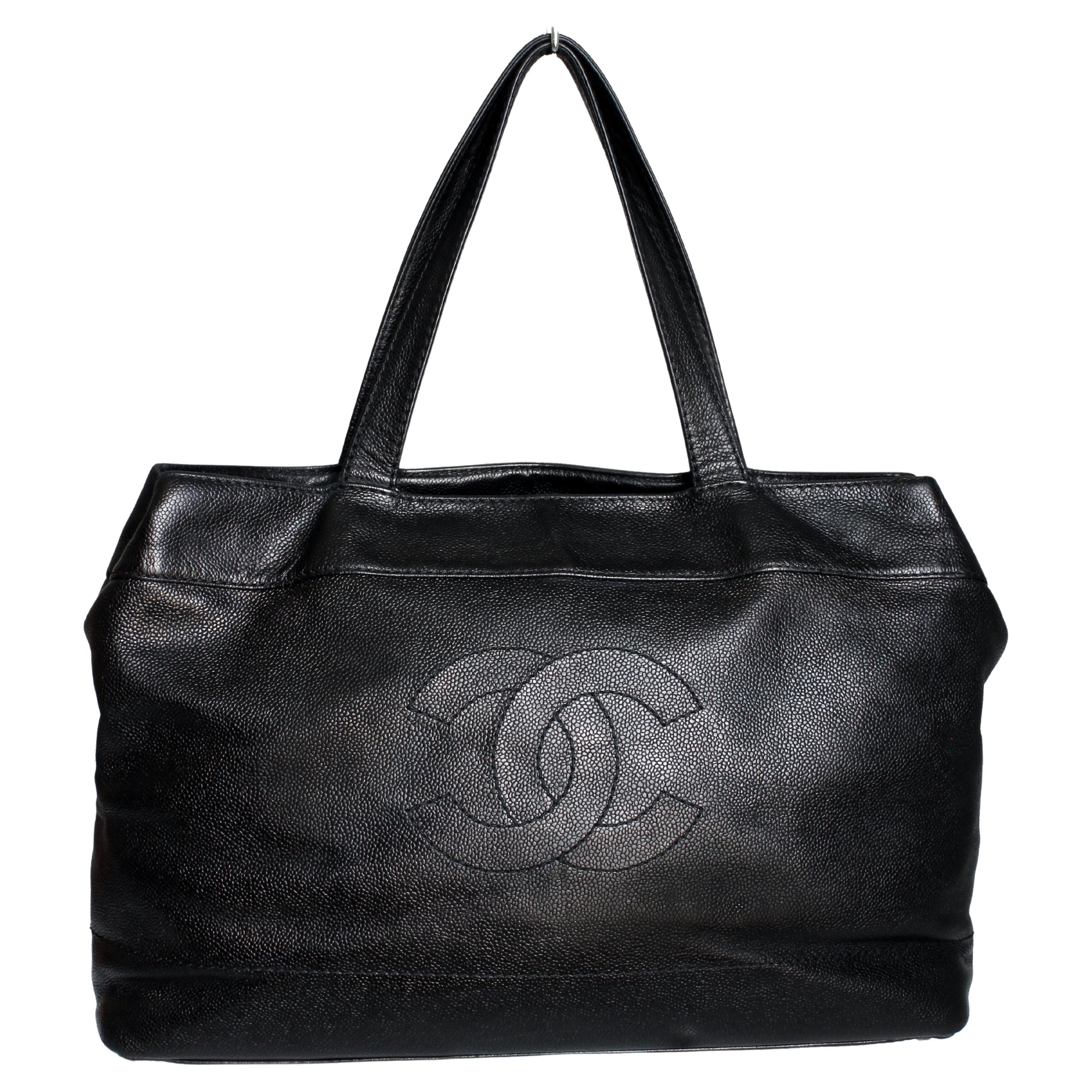 Chanel Bag Large Tote CC Logo Black Caviar Leather Vintage '02 Collection  For Sale