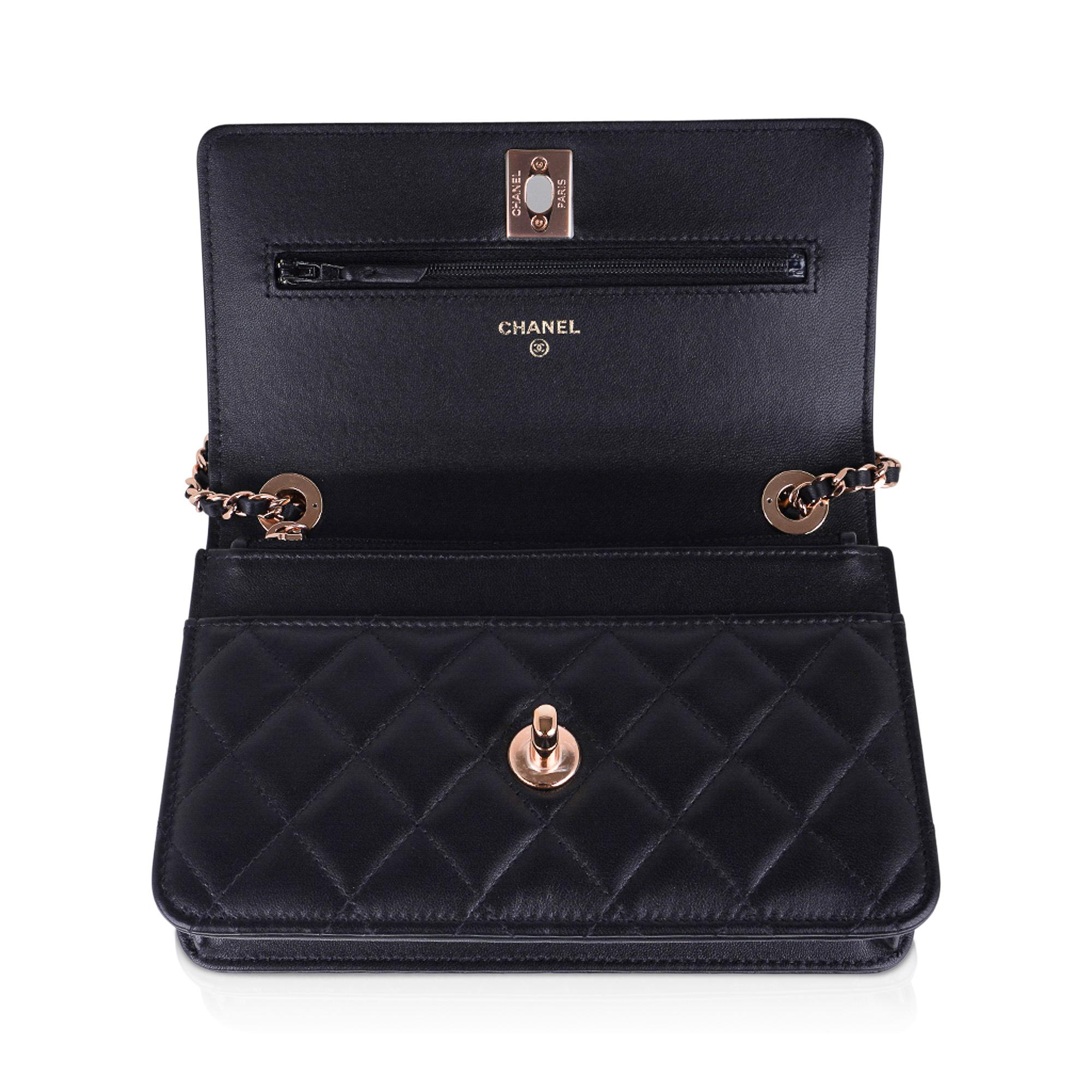 Chanel Bag Wallet On Chain Black Lambskin Rose Gold Hardware New 4