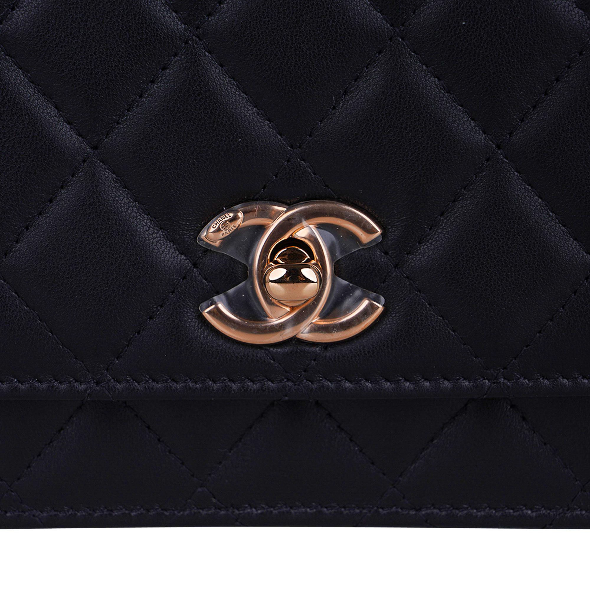 Women's Chanel Bag Wallet On Chain Black Lambskin Rose Gold Hardware New