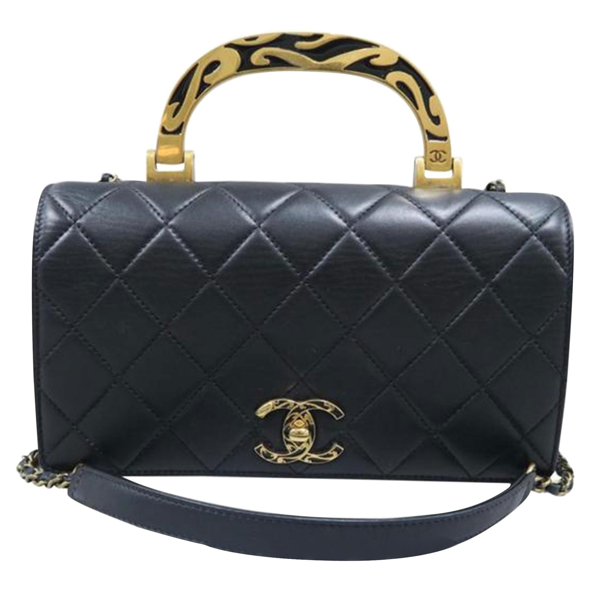 Chanel avec Classic Flap Crossbody Rare Enamel Top Handle Black Lambskin Bag
