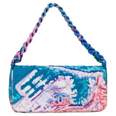 Chanel Sac avec poignée classique Rabat Graffiti Aquarelle Turquoise Sac en nylon