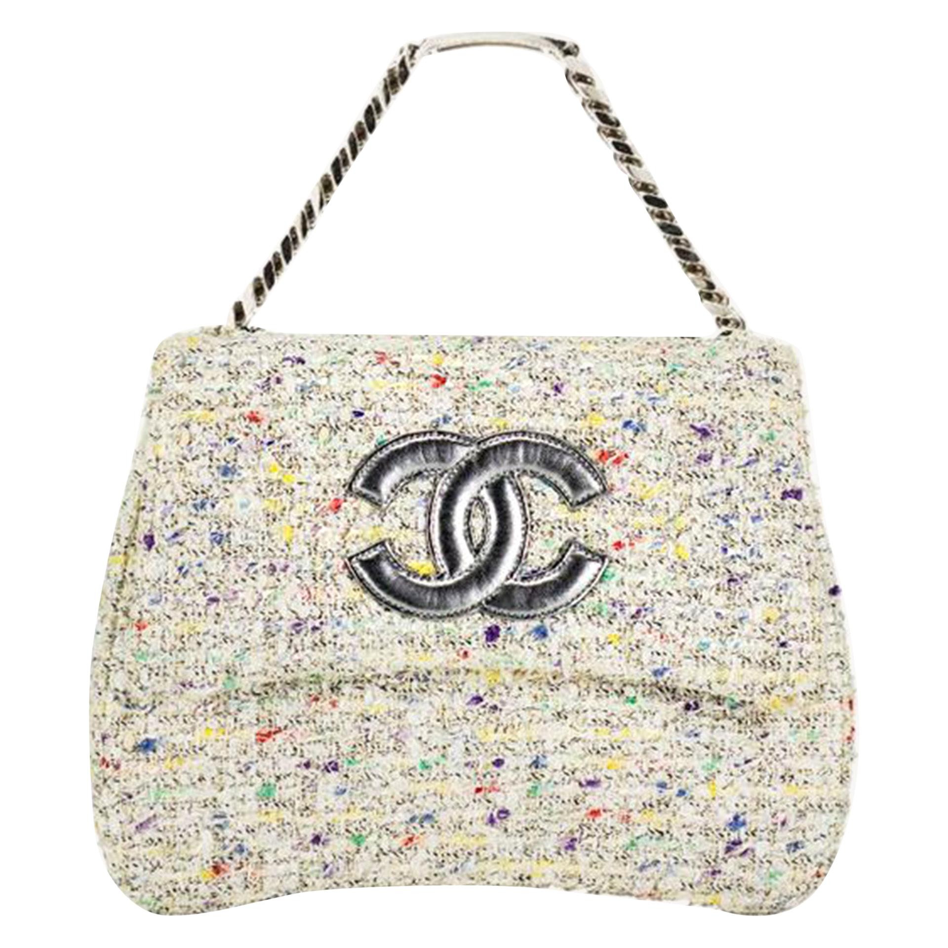 Chanel Bag with Top Handle Classic Flap Vintage Logo Nameplate Tweed Clutch