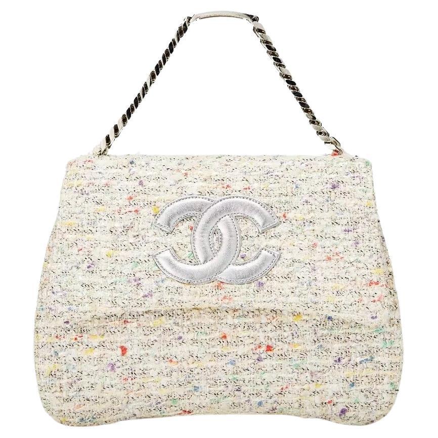 Chanel Bag with Top Handle Classic Flap Vintage Logo Nameplate Tweed Clutch For Sale