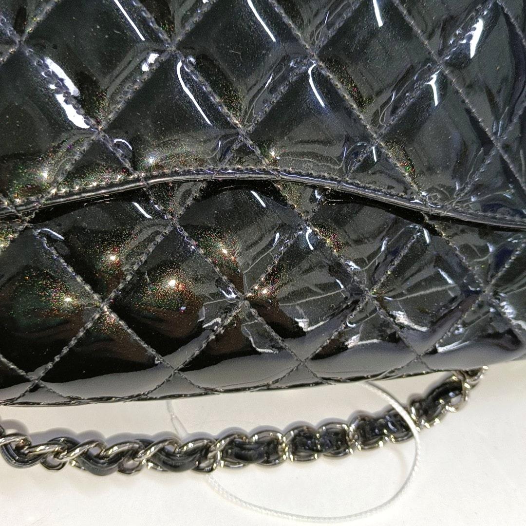 Chanel Baguette Flap Shoulder Bag Black Patent Leather Silver Double Chain 7