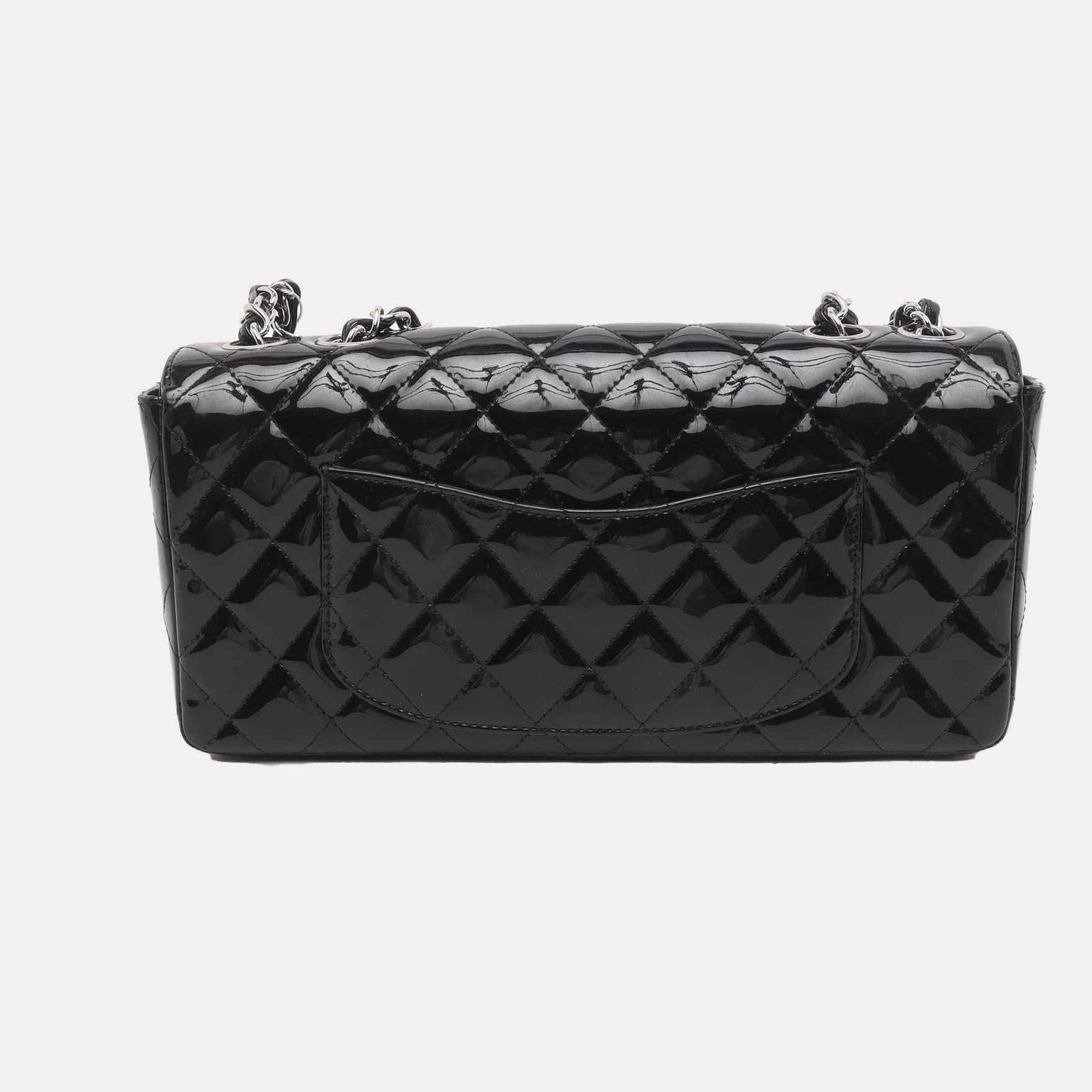Chanel Baguette Flap Shoulder Bag Black Patent Leather Silver Double Chain 2