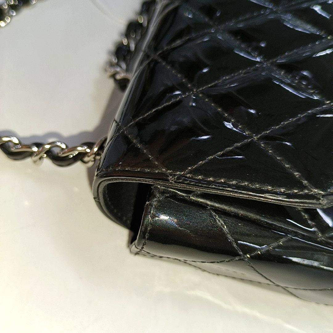Chanel Baguette Flap Shoulder Bag Black Patent Leather Silver Double Chain 3