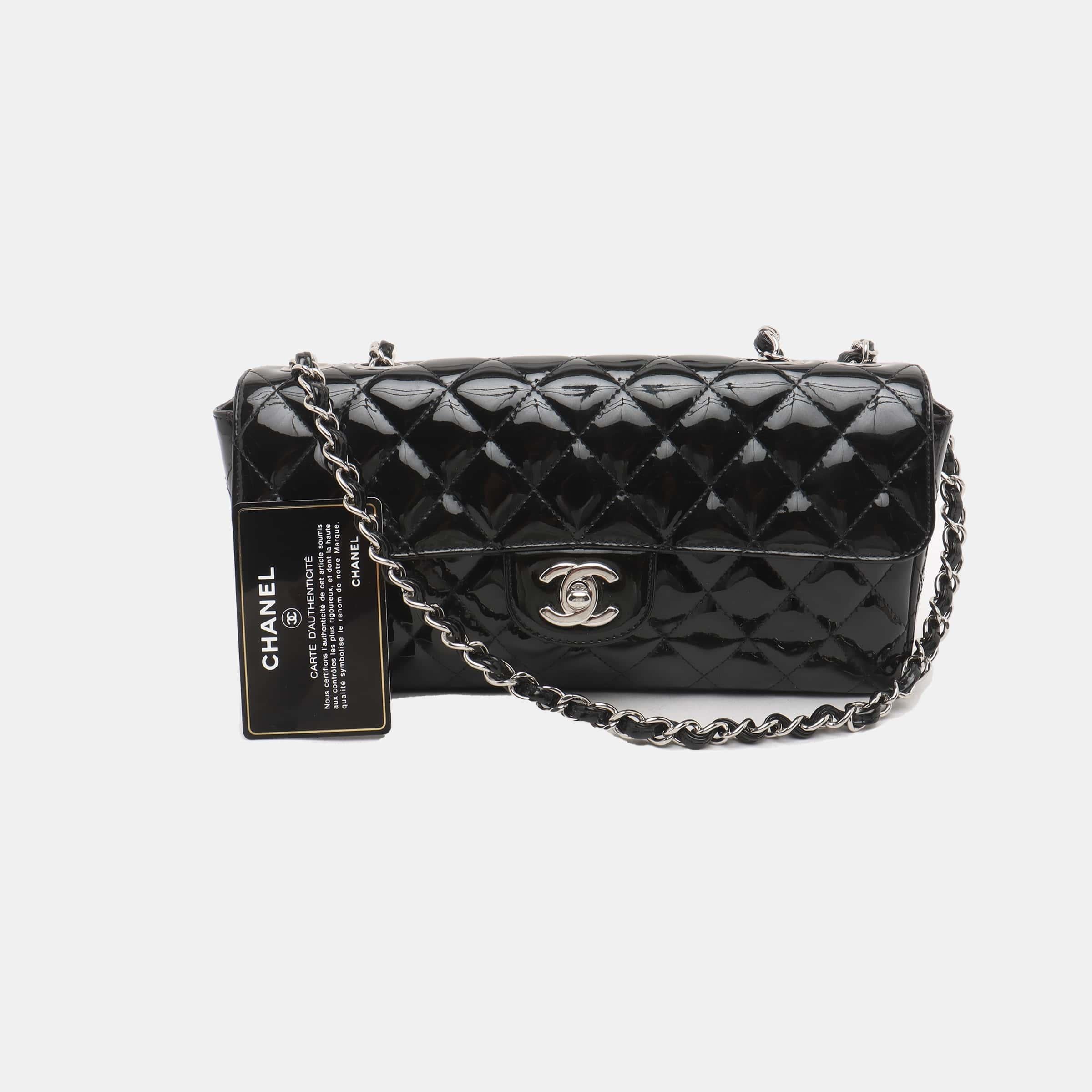 Chanel Baguette Flap Shoulder Bag Black Patent Leather Silver Double Chain 5