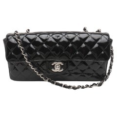 Chanel Baguette Flap Shoulder Bag Black Patent Leather Silver Double Chain