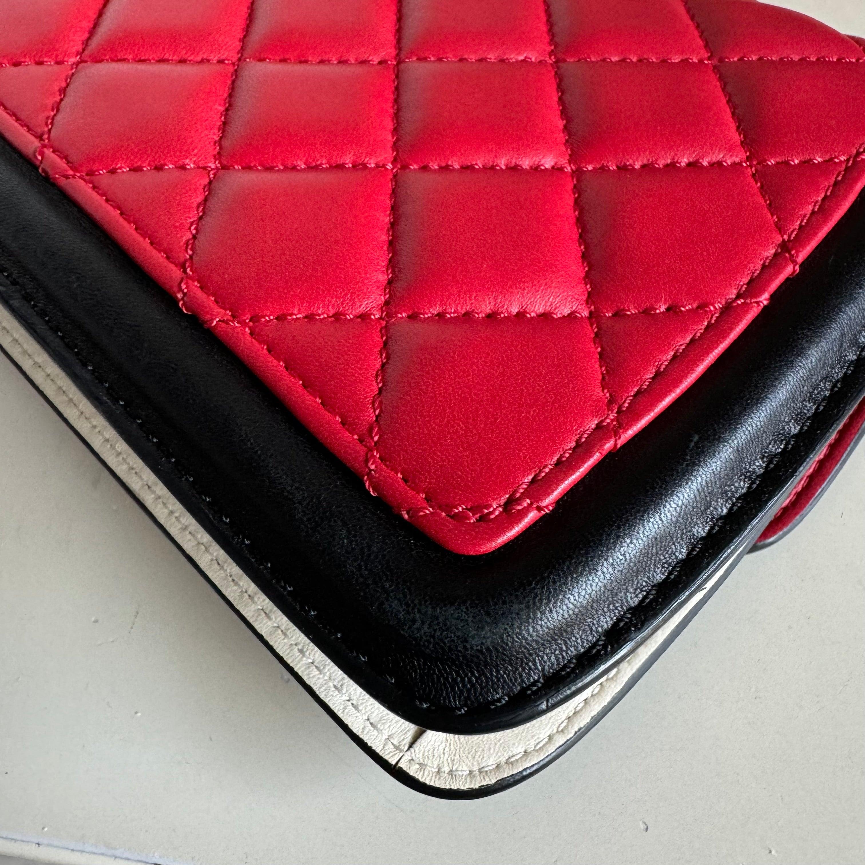 Chanel Baguette Flap Shoulder Bag Lambskin Red and Black Silver Double Chain 6