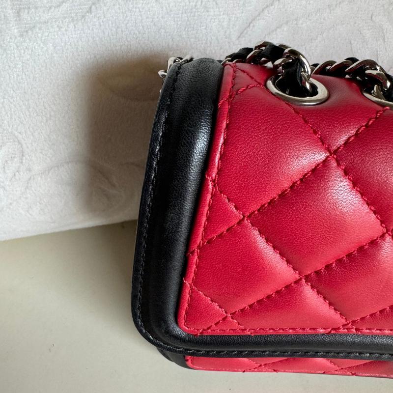 Chanel Baguette Flap Shoulder Bag Lambskin Red and Black Silver Double Chain 9