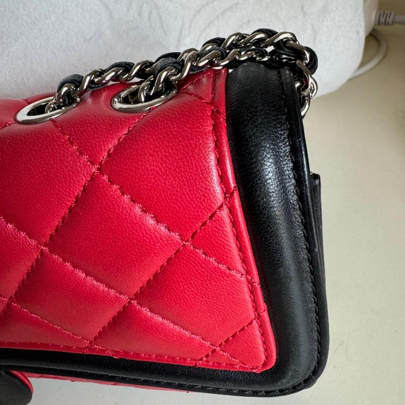 Chanel Baguette Flap Shoulder Bag Lambskin Red and Black Silver Double Chain 10