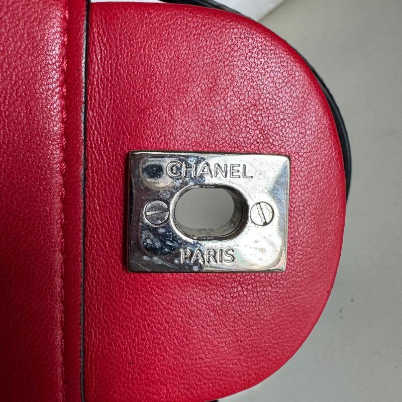 Chanel Baguette Flap Shoulder Bag Lambskin Red and Black Silver Double Chain 14