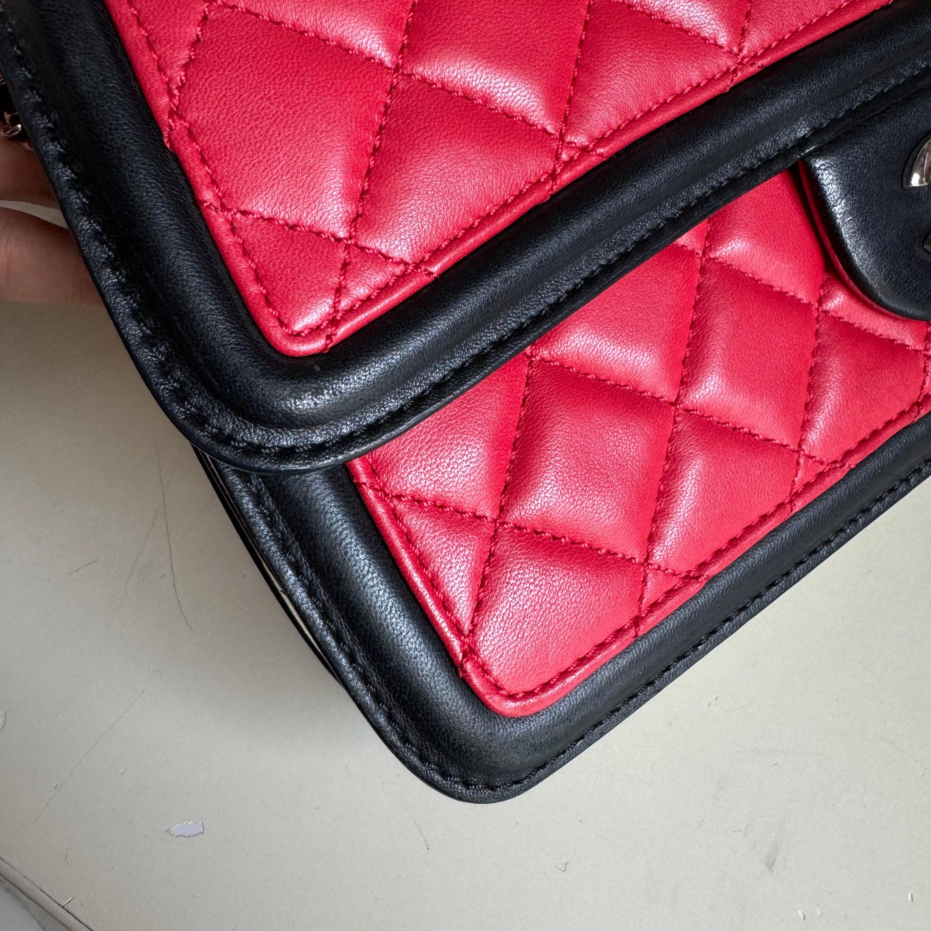 Chanel Baguette Flap Shoulder Bag Lambskin Red and Black Silver Double Chain 3
