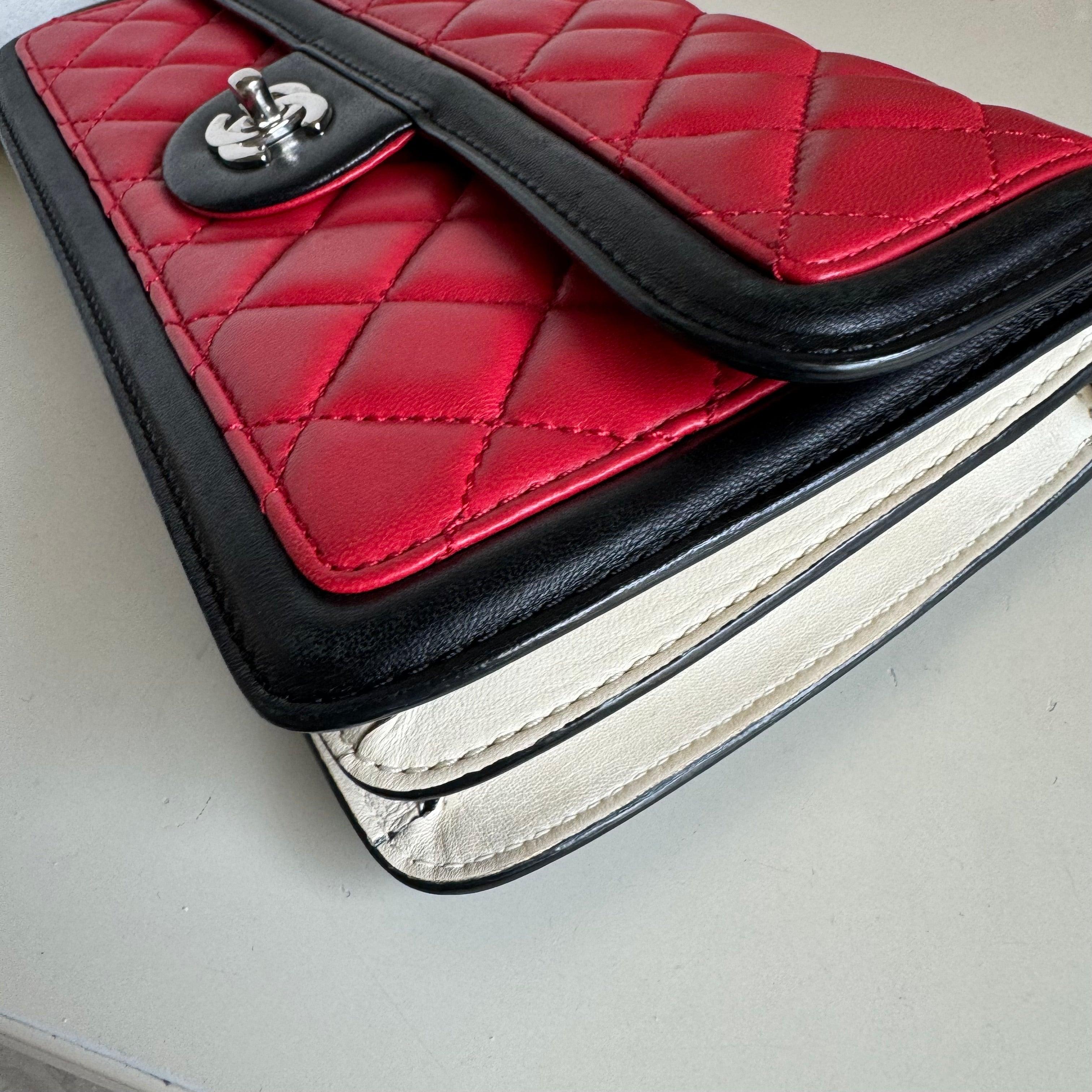 Chanel Baguette Flap Shoulder Bag Lambskin Red and Black Silver Double Chain 5