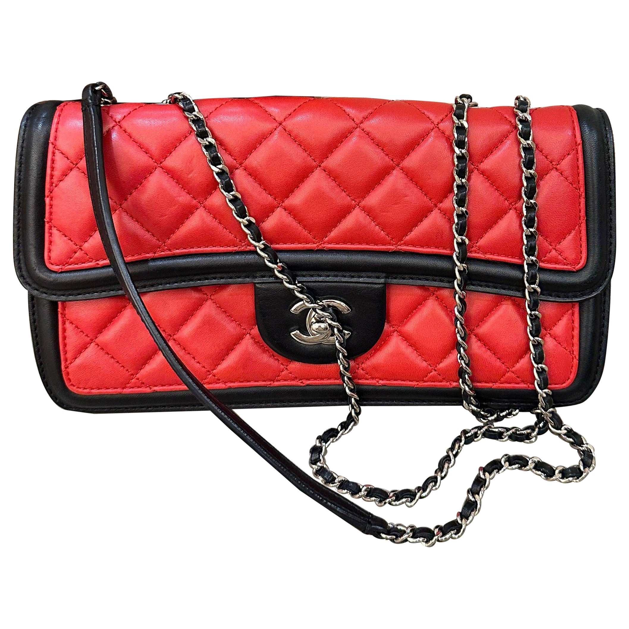 Chanel Baguette Flap Shoulder Bag Lambskin Red and Black Silver Double Chain