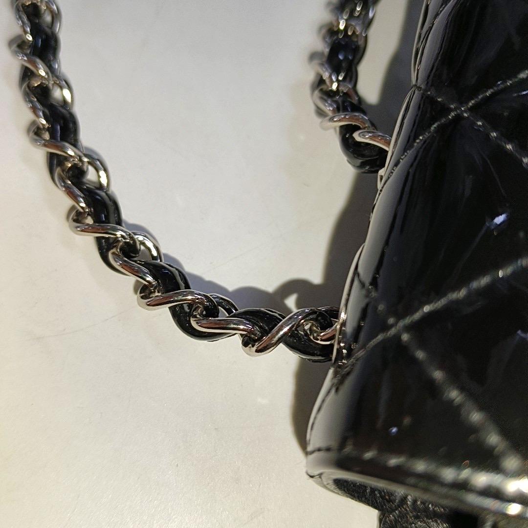 Chanel Baguette Shoulder Bag Black Patent Leather Silver Double Chain 8