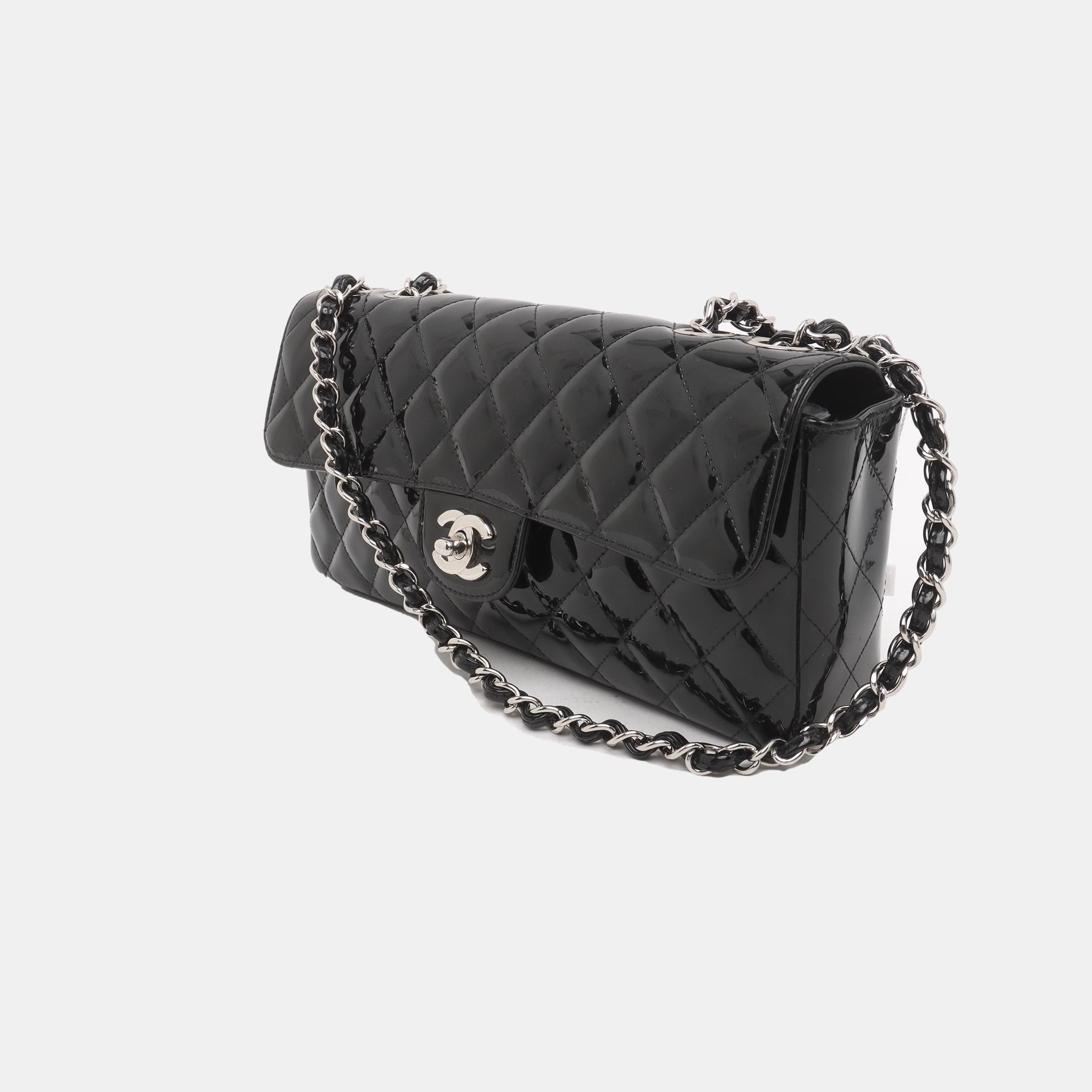 Women's Chanel Baguette Shoulder Bag Black Patent Leather Silver Double Chain