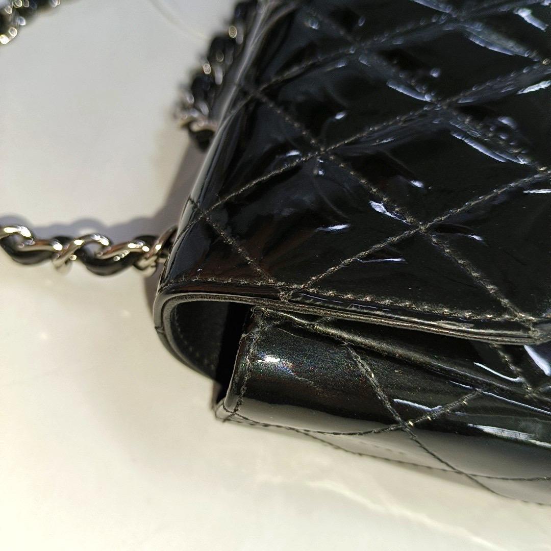 Chanel Baguette Shoulder Bag Black Patent Leather Silver Double Chain 2