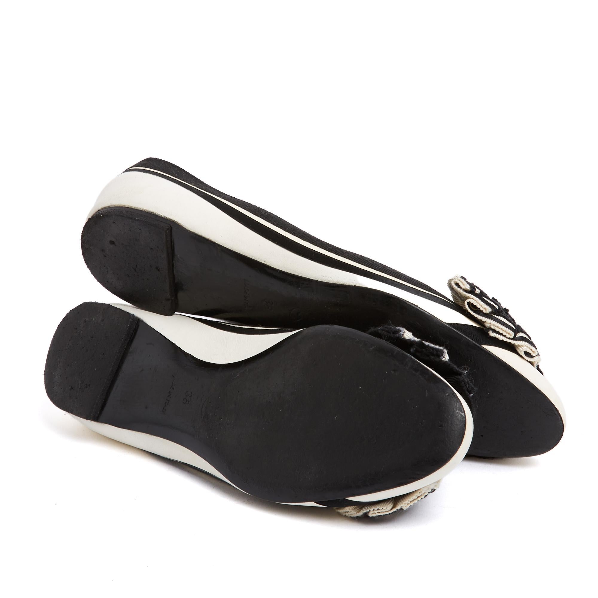 Chanel Ballerines EU38 Black White Leather Ribbon Cockade Flats Ballet Shoes UK5 For Sale 1