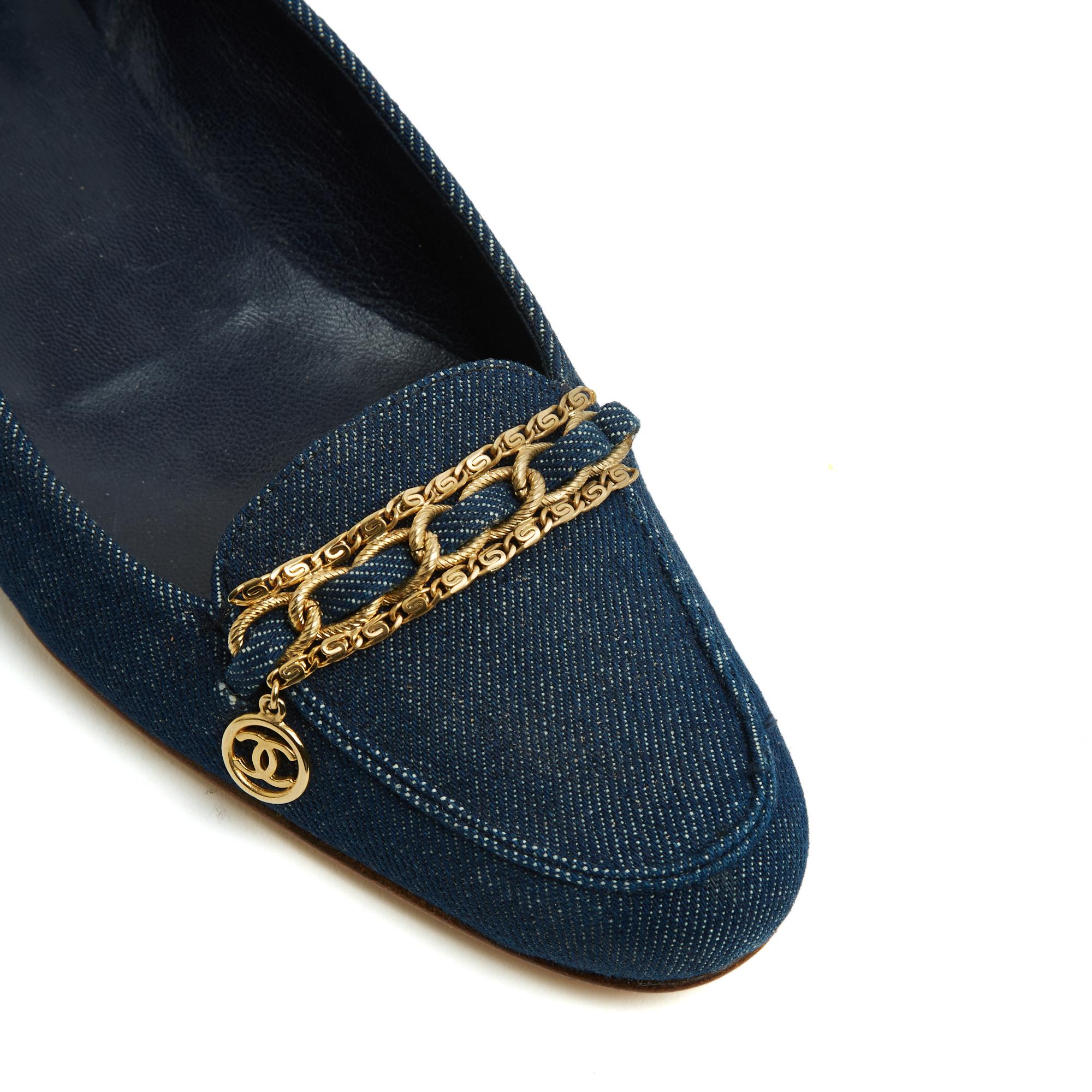 Chanel Ballerines Mocassins Jean EU38 Denim und Kette CC Flats Loafers UK5 US7.5 (Schwarz) im Angebot