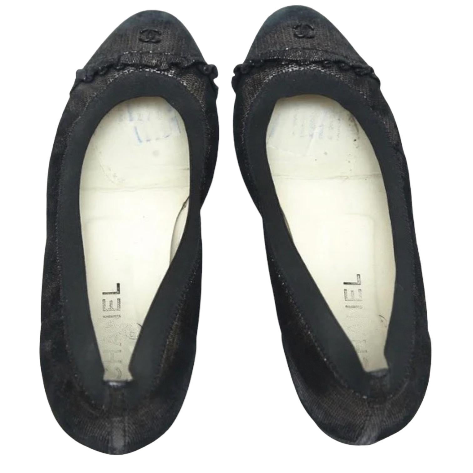 CHANEL Ballet Flats Ruffles Metallic Negro Cobre CC Logo Stretch Spirit Sz 39.5 en venta 2