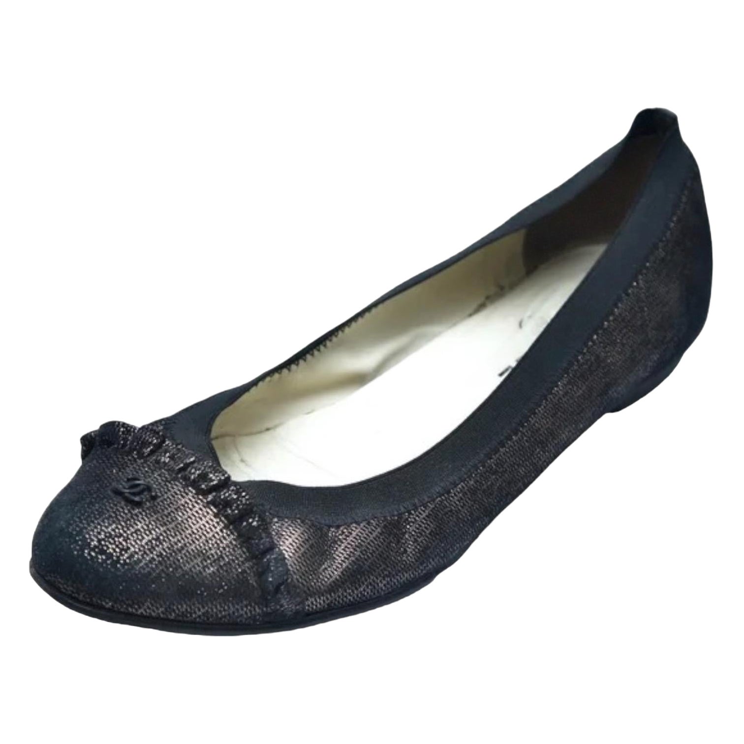 CHANEL Ballet Flats Ruffles Metallic Black Copper CC Logo Stretch Spirit Sz 39.5 For Sale